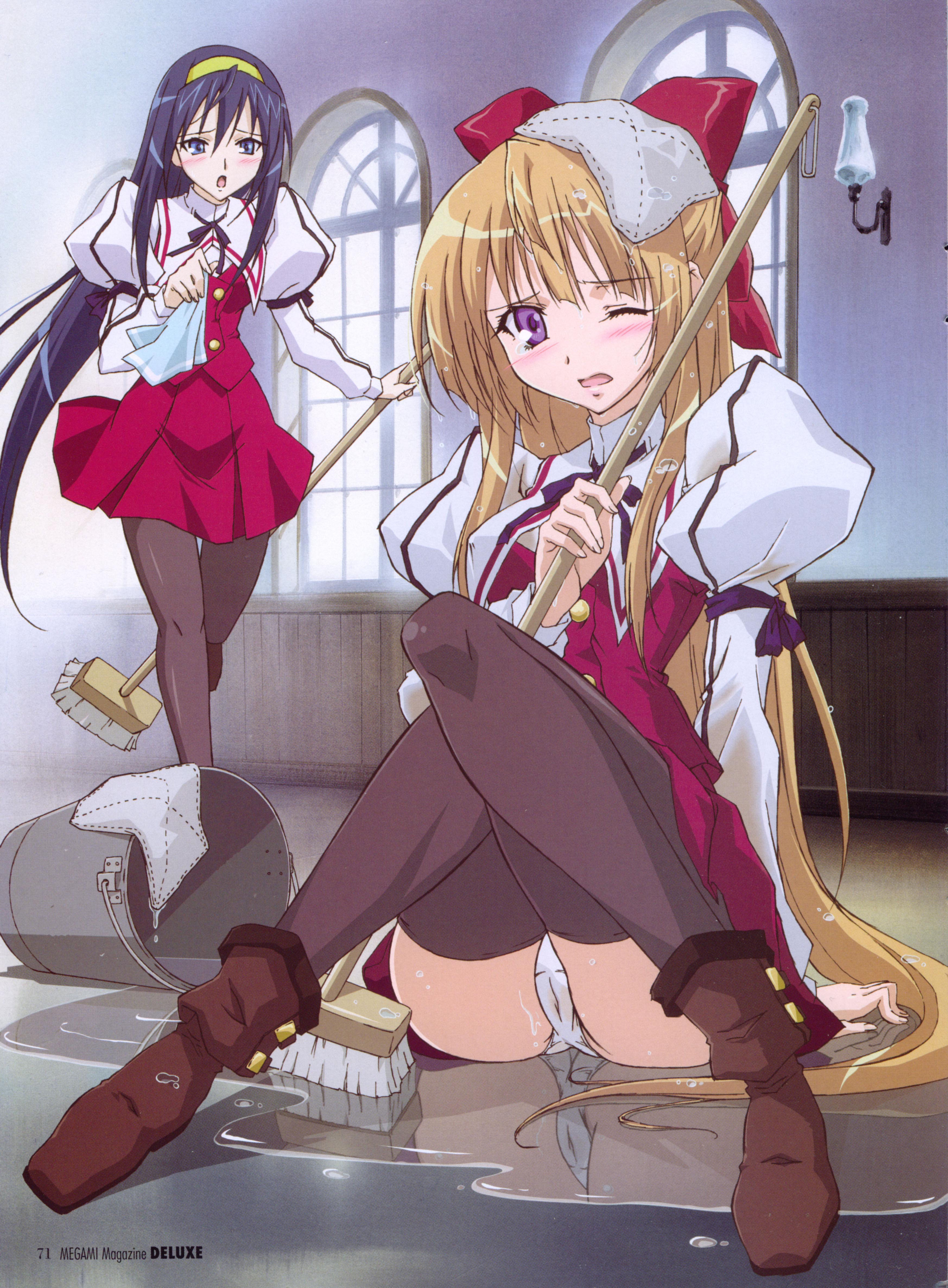 tanaka motoki, himemiya chikane, kurusugawa himeko, kannazuki no miko, megami deluxe, megami magazine, light brown hair, lights, absurdres, duplicate, highres, official art, scan, 00s, 2girls, :o, ;o, ankle boots, arm ribbon, arm support, black thighhighs, blue eyes, blue hair, blush, boots, bow, bucket, buttons, cameltoe, clumsy, covered erect nipples, female focus, fingernails, hair between eyes, hair bow, half updo, holding, indoors, juliet sleeves, knees together feet apart, long fingernails, long hair, long sleeves, looking at viewer, miniskirt, mop, multiple girls, neck ribbon, on floor, one eye closed, open mouth, panties, pantyhose, pantyshot, pleated skirt, puddle, puffy long sleeves, puffy sleeves, purple eyes, reflection, reflective water, ribbon, running, school uniform, see-through clothes, shirt, sidelocks, sitting, skirt, spill, sunlight, tears, thigh gap, thighhighs, thighs, towel, towel on head, tripping, turtleneck, underwear, very long hair, water, wet, wet clothes, wet hair, wet panties, wet shirt, white panties, wince, window, wink
