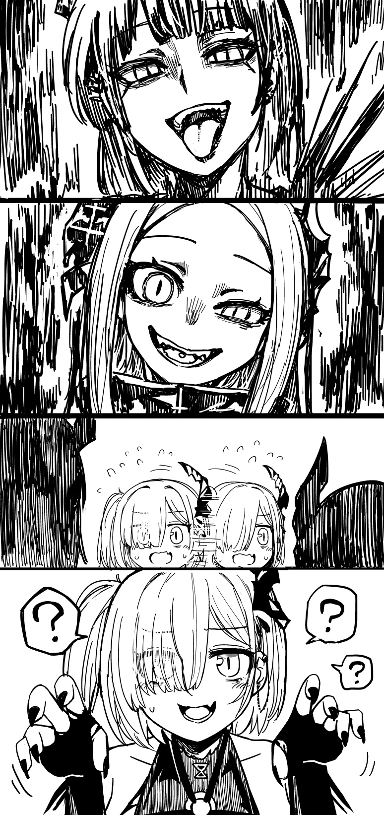 gagaga, behemoth (nikke), leviathan (nikke), ziz (nikke), goddess of victory: nikke, 3girls, ?, bare shoulders, black background, black gloves, black nails, claw pose, confused, ear piercing, evil smile, fang, fingerless gloves, gloves, hair over one eye, horns, multiple girls, open mouth, piercing, side ponytail, simple background, single horn, slit pupils, smile, spoken question mark, teeth, tongue, tongue out, tongue piercing, upper body, white background