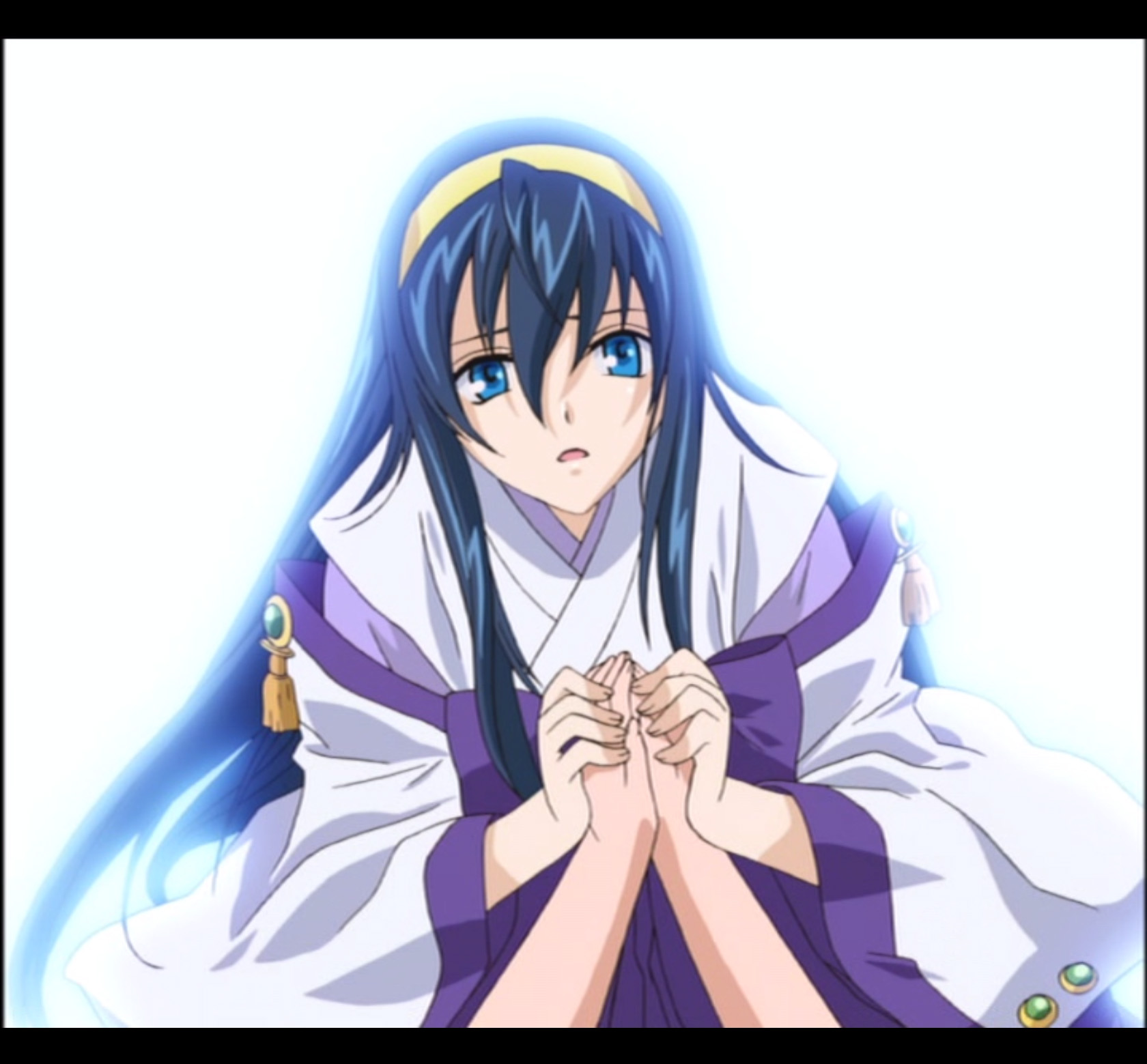 himemiya chikane, kurusugawa himeko, kannazuki no miko, anime screenshot, highres, 00s, 2girls, :o, blue eyes, blue hair, hair between eyes, hairband, hakama, headband, holding hands, japanese clothes, letterboxed, long hair, long sleeves, looking at viewer, miko, multiple girls, open mouth, purple hakama, purple skirt, skirt, solo focus, very long hair, yellow hairband