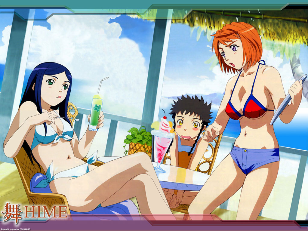 hisayuki hirokazu, kuga natsuki, minagi mikoto, tokiha mai, my-hime, duplicate, official art, official wallpaper, >:o, 00s, 3girls, :o, :p, age difference, ahoge, barefoot, beach, bikini, bikini top only, black hair, blue hair, blue shorts, blush, blush stickers, braid, breasts, casual one-piece swimsuit, chair, cherry, cleavage, cloud, copyright name, crossed legs, cup, cushion, day, drink, drinking glass, drinking straw, dutch angle, feet together, flat chest, food, front-tie bikini top, front-tie top, fruit, green eyes, hands on feet, holding, ice cream, knees apart feet together, large breasts, leaning back, lime (fruit), logo, long hair, looking at another, mountain, multiple girls, navel, ocean, one-piece swimsuit, open mouth, orange hair, outdoors, palm tree, parted bangs, plant, potted plant, purple eyes, railing, red bikini, red hair, short hair, short hair with long locks, short shorts, shorts, side-tie bikini bottom, side braid, sideboob, sidelocks, sitting, sky, spiked hair, standing, staring, string bikini, sundae, swept bangs, swimsuit, table, tongue, tongue out, transparent, tray, tree, twin braids, underboob, v-shaped eyebrows, water, watermark, white bikini, wide-eyed, wooden floor, yellow eyes, yellow one-piece swimsuit