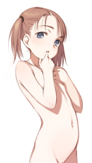 haimura kiyotaka, original, 1girl, belly, blue eyes, brown hair, completely nude, female focus, hand on own face, loli, navel, nude, short hair, simple background, solo, twintails, white background