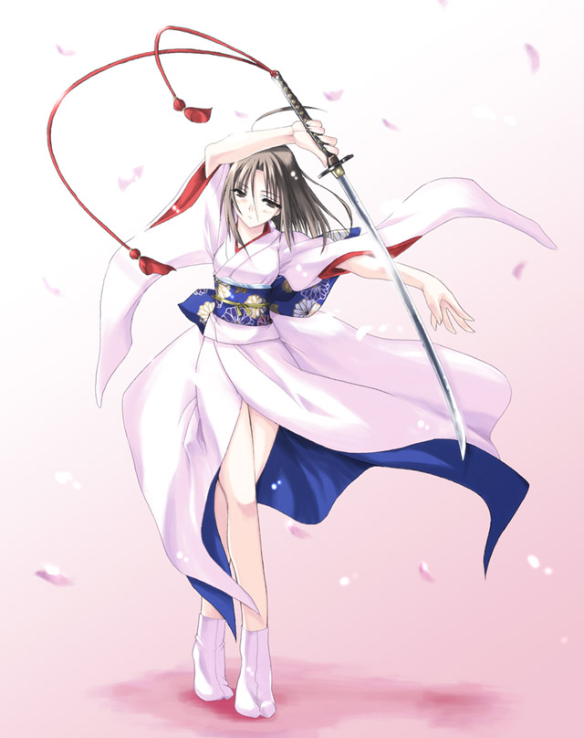 rakkyo, sakura nitouhei, ryougi shiki, kara no kyoukai, tsukihime, 00s, 1girl, black hair, brown eyes, cherry blossoms, female focus, japanese clothes, katana, kimono, no shoes, obi, petals, sash, socks, solo, sword, weapon