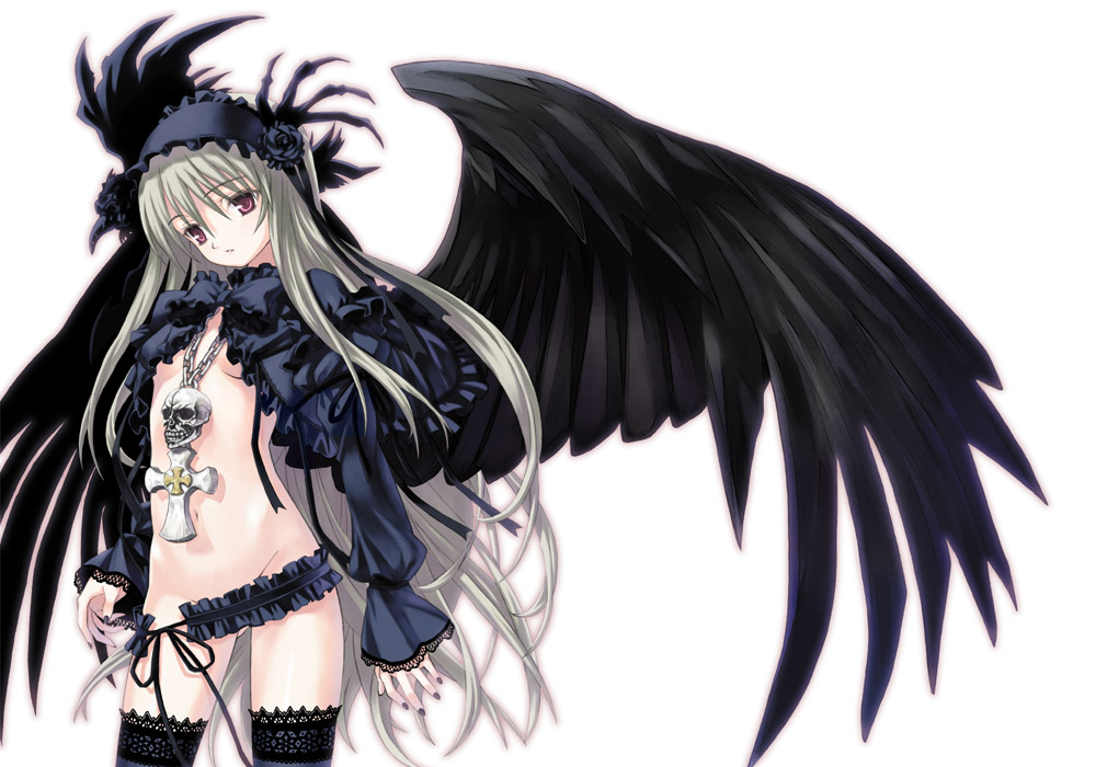 matsuryuu, suigintou, rozen maiden, 00s, 1girl, belt, belt skirt, black thighhighs, black wings, breasts, cross, cross patty, female focus, goth fashion, gothic lolita, grey nails, hairband, jewelry, latin cross, lolita fashion, long hair, nail polish, navel, necklace, no panties, nude, skull, small breasts, solo, thighhighs, underboob, very long hair, wings