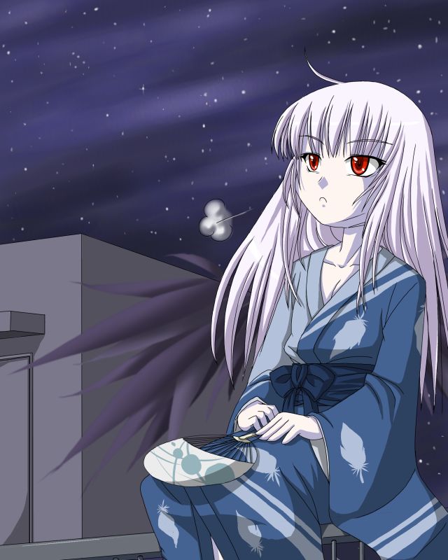 suigintou, rozen maiden, silver hair, 00s, 1girl, breasts, cleavage, doll, female focus, frown, hand fan, japanese clothes, kimono, night, obi, paper fan, red eyes, sash, sky, small breasts, solo, star (sky), star (symbol), starry sky, uchiwa, wings