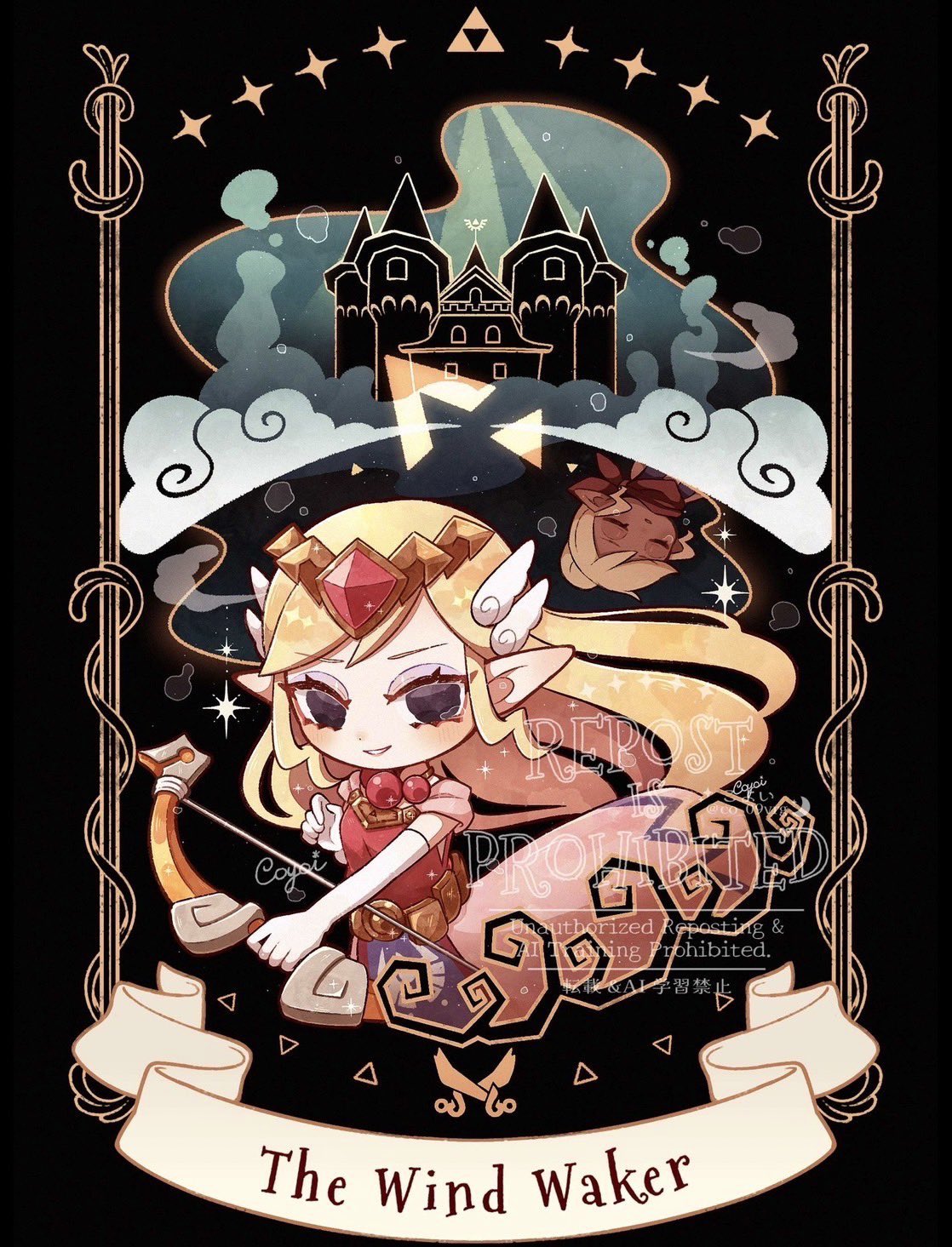 co 09vrg, princess zelda, tetra, nintendo, the legend of zelda, the legend of zelda: the wind waker, highres, 2girls, bead necklace, beads, black eyes, blonde hair, bow (weapon), castle, chibi, chibi only, closed eyes, copyright name, dark-skinned female, dark skin, dress, dual persona, elbow gloves, gem, gloves, hair bun, holding, holding bow (weapon), holding weapon, jewelry, long dress, long hair, multiple girls, neckerchief, necklace, parted lips, pink dress, pointy ears, red gemstone, red neckerchief, sidelocks, smile, swept bangs, tiara, triforce, upper body, weapon, white gloves, winged hair ornament