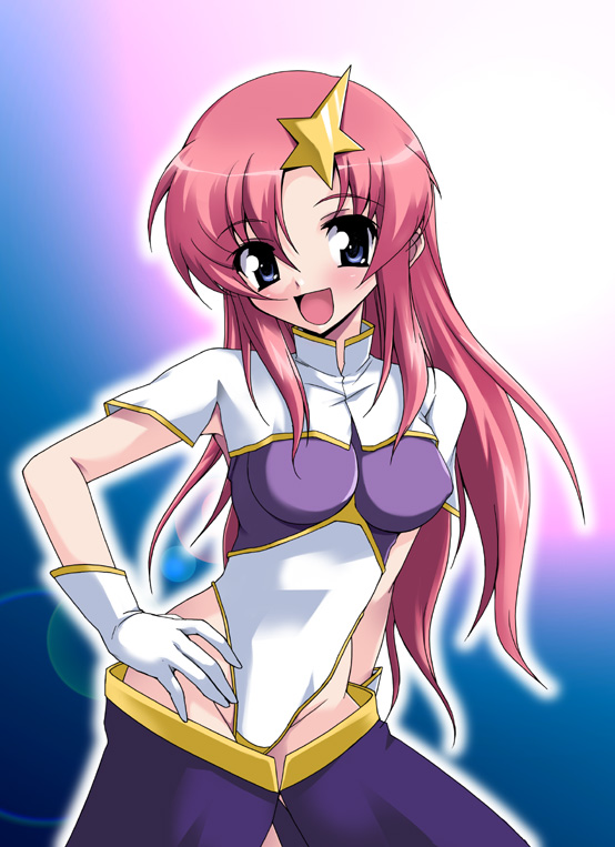 meer campbell, gundam, gundam seed, gundam seed destiny, 00s, 1girl, blue eyes, breasts, covered erect nipples, female focus, gloves, hair ornament, hand on own hip, hip focus, leotard, open mouth, pink hair, smile, solo, star (symbol), star hair ornament, white gloves