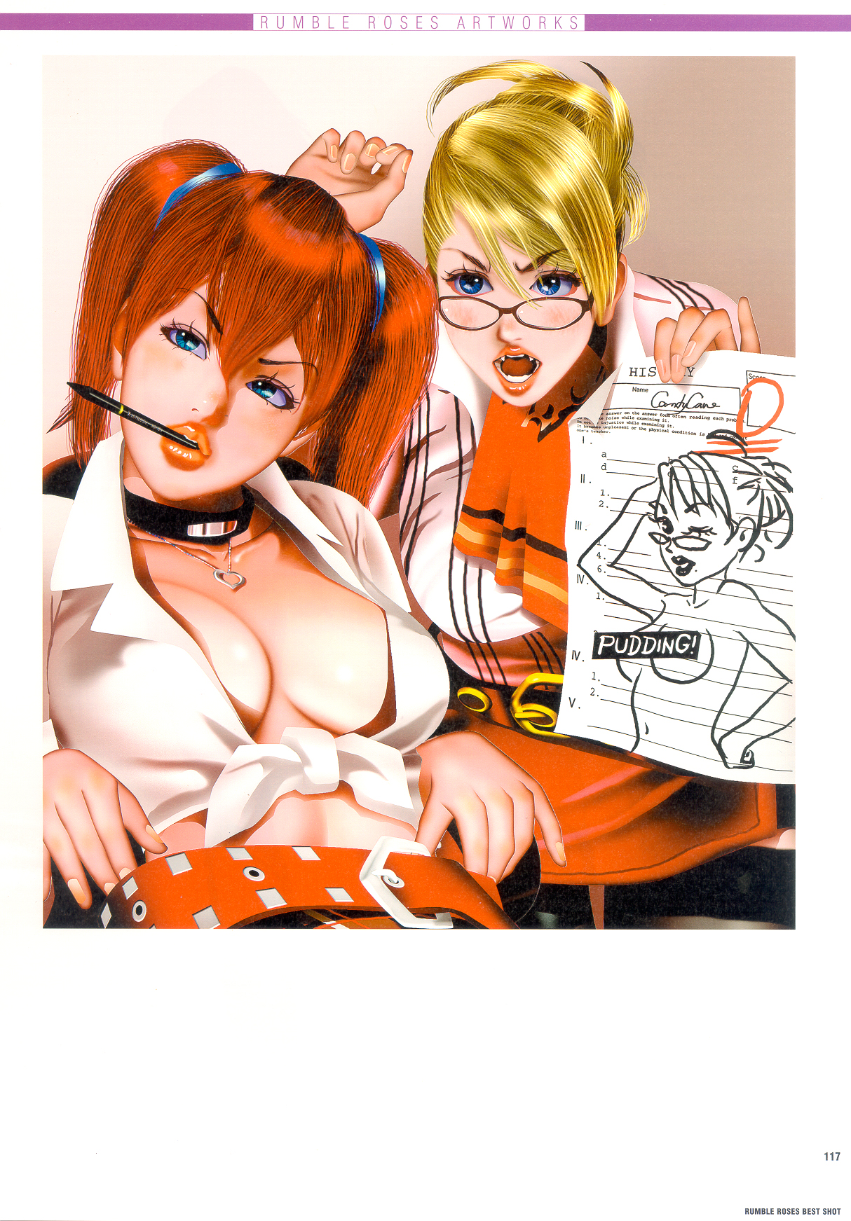 kotobuki shiro, candy cane (rumble roses), miss spencer, rumble roses, highres, 2girls, academic test, blonde hair, blue eyes, breasts, cleavage, glasses, jewelry, large breasts, miniskirt, multiple girls, necklace, no bra, red hair, shirt, skirt, teacher, teacher and student, tied shirt, twintails