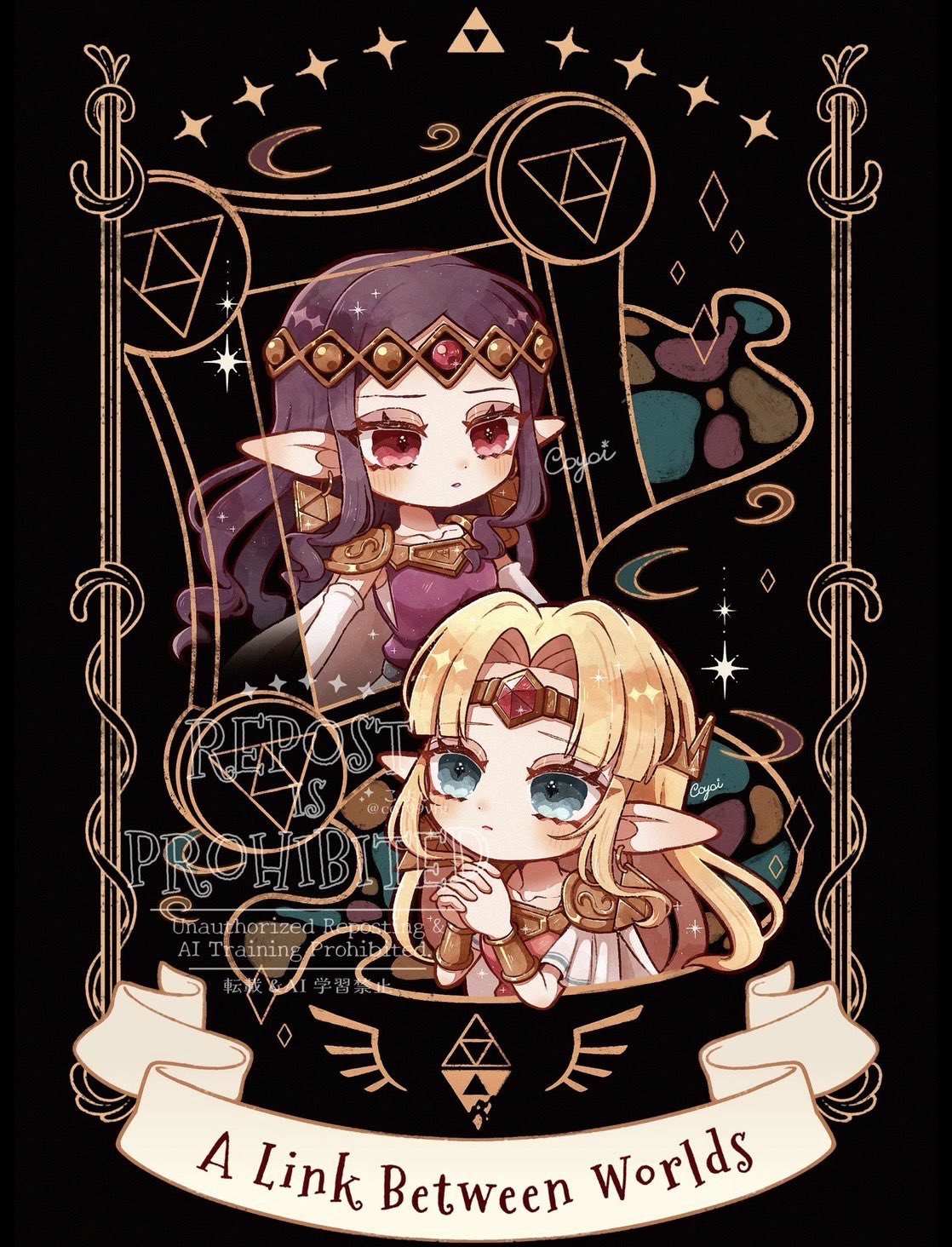 co 09vrg, princess hilda, princess zelda, nintendo, the legend of zelda, the legend of zelda: a link between worlds, highres, 2girls, armor, blonde hair, blue eyes, bracer, cape, chibi, chibi only, copyright name, dress, earrings, elbow gloves, gloves, gold earrings, jewelry, long hair, multiple girls, own hands clasped, own hands together, parted bangs, pink dress, praying, purple dress, purple hair, red eyes, red gloves, short sleeves, shoulder armor, sidelocks, tiara, triforce, upper body, white cape, white gloves, white sleeves