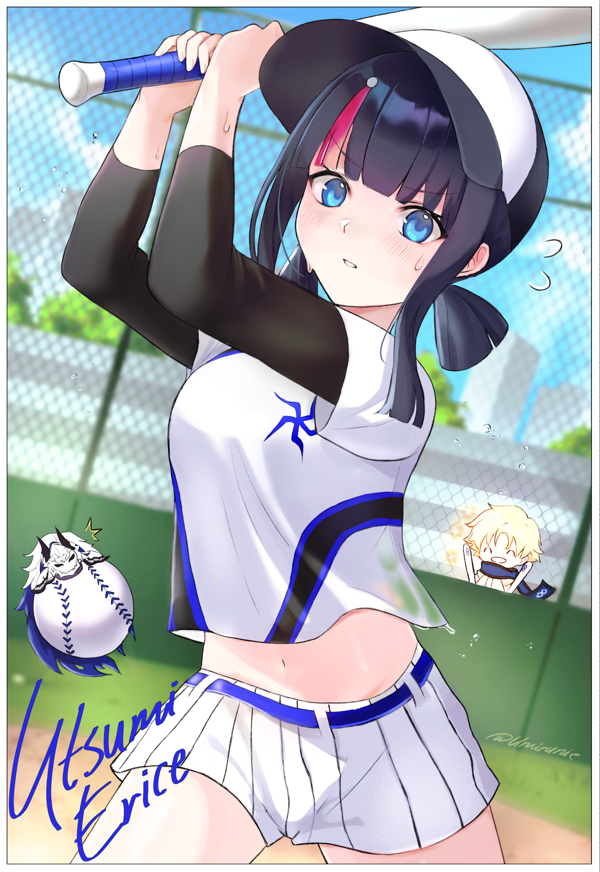 umirunie, minamoto no tametomo (fate), utsumi erice, voyager (fate), fate/grail league, fate/grand order, fate (series), absurdres, highres, 1girl, 2boys, arms up, ball, baseball, baseball (object), baseball bat, baseball cap, baseball uniform, batting stance, black hair, black undershirt, blonde hair, blue eyes, blue sky, blurry, blurry background, blush, bokeh, border, breasts, building, chain-link fence, cloud, day, depth of field, fence, hat, holding, holding baseball bat, large breasts, metal baseball bat, multiple boys, navel, outdoors, parted lips, playing sports, shirt under shirt, shorts, signature, sky, solo focus, sportswear, sweat, sweatdrop, tree, v-shaped eyebrows, wet, wet clothes, white border, white shorts