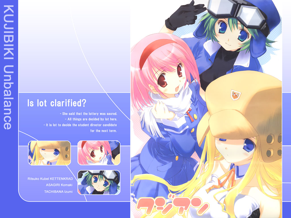 mitsumi misato, asagiri komaki, ritsuko kubel kettenkrad, tachibana izumi, kujibiki unbalance, 00s, 3girls, blonde hair, blue eyes, blush, coat, gloves, goggles, green hair, hat, long hair, multiple girls, pink eyes, pink hair, scarf, short hair, skirt, smile