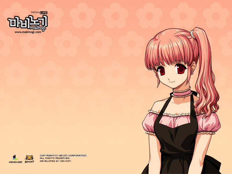 del-chan, del (mabinogi), mabinogi, official art, official wallpaper, 1girl, choker, copyright name, female focus, gradient background, korean text, pink hair, red background, red eyes, red hair, side ponytail, solo
