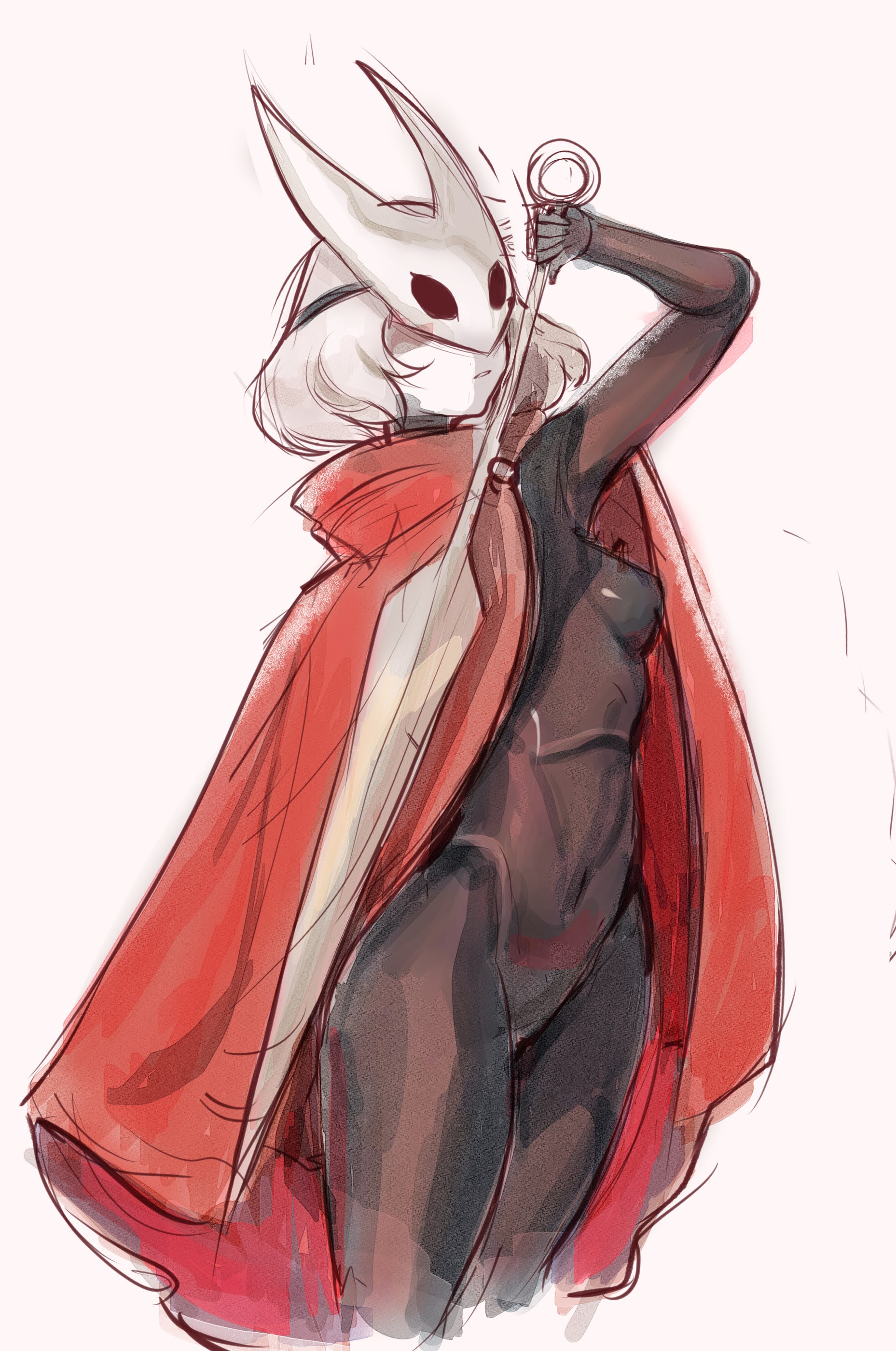 alexamaned, hornet (hollow knight), hollow knight: silksong, absurdres, highres, 1girl, black bodysuit, bodysuit, breasts, cape, covered eyes, covered navel, holding, holding weapon, mask, mask on head, needle (hollow knight), personification, red cape, short hair, simple background, small breasts, solo, thighs, weapon, white background, white hair