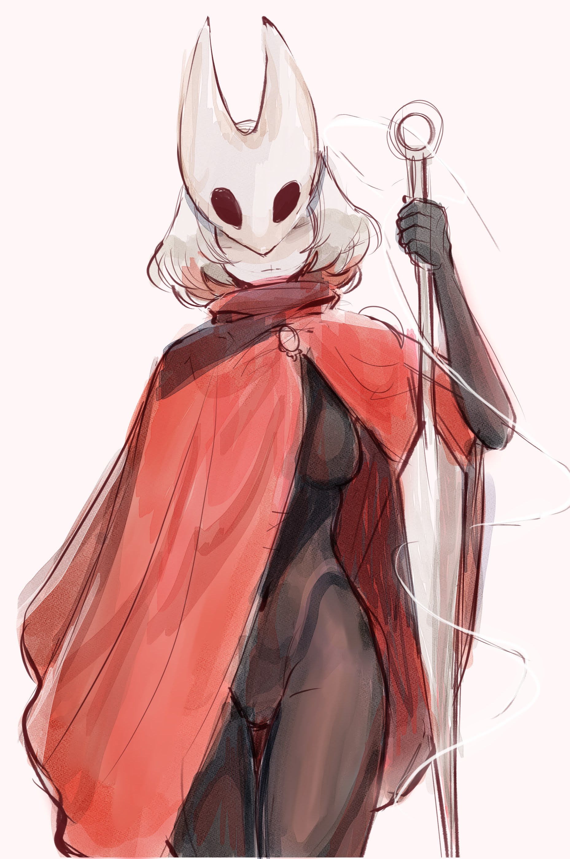 alexamaned, hornet (hollow knight), hollow knight: silksong, absurdres, highres, 1girl, black bodysuit, bodysuit, breasts, cape, covered eyes, holding, holding weapon, mask, mask on head, needle (hollow knight), personification, red cape, short hair, simple background, solo, thigh gap, thread, weapon, white background, white hair