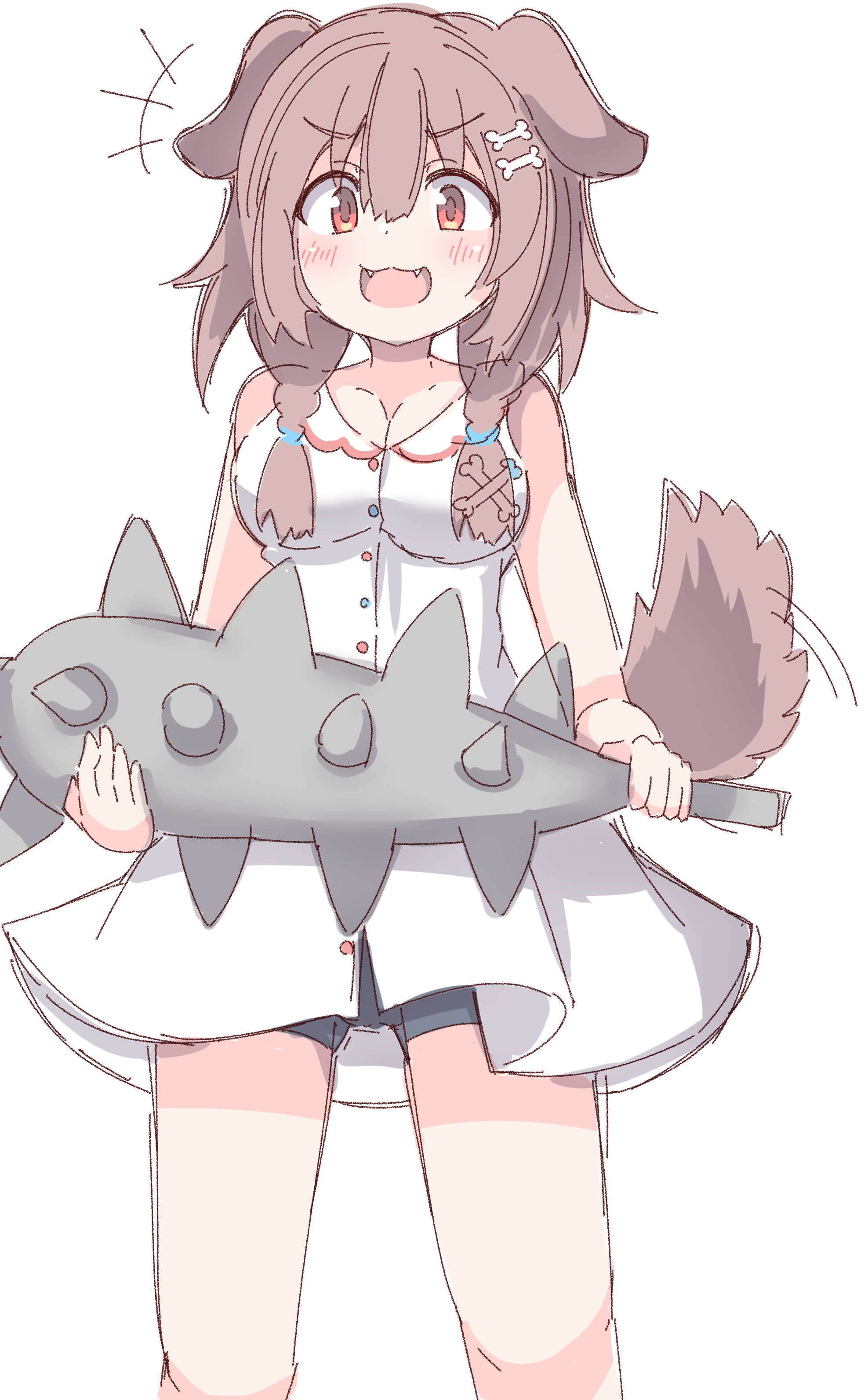 umberblack, inugami korone, inugami korone (1st costume), hololive, absurdres, commentary request, highres, +++, 1girl, :d, animal ears, bare arms, bare shoulders, black shorts, blush, bone hair ornament, braid, breasts, cartoon bone, cleavage, club, club (weapon), collarbone, dog ears, dog girl, dog tail, dress, fangs, hair between eyes, hair ornament, hair over shoulder, holding, holding club, holding weapon, long hair, looking at viewer, low twintails, medium breasts, motion lines, open mouth, red eyes, short shorts, shorts, shorts under dress, simple background, sleeveless, sleeveless dress, smile, solo, spiked club, standing, tail, twin braids, twintails, virtual youtuber, weapon, white background, white dress
