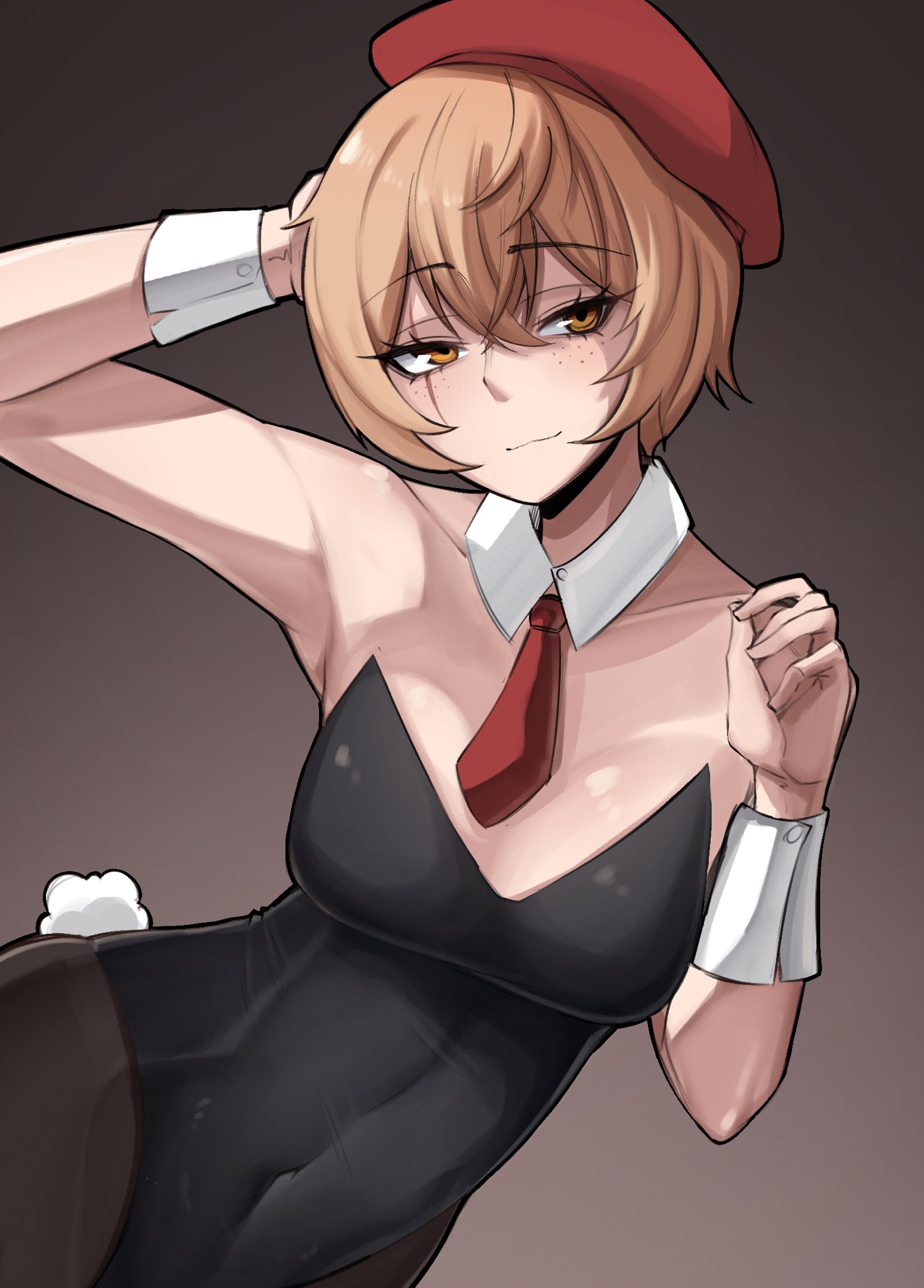 hyperubutsimp, clio aite, phase connect, highres, 1girl, beret, black leotard, blush, breasts, brown eyes, brown hair, cleavage, collar, cuffs, freckles, hat, leotard, necktie, pantyhose, playboy bunny, rabbit tail, scar, scar across eye, scar on face, short hair, smug, tail, virtual youtuber