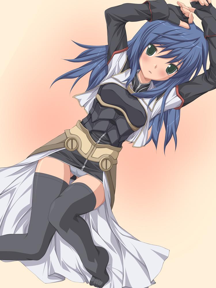 koku, maria traydor, star ocean, star ocean: till the end of time, 1girl, arms up, black thighhighs, blue hair, blush, breasts, crotch seam, feet, female focus, fingerless gloves, gloves, gluteal fold, green eyes, grey panties, long hair, looking at viewer, miniskirt, open clothes, panties, pantyshot, skirt, small breasts, solo, thigh gap, thighhighs, toes, underwear, zettai ryouiki