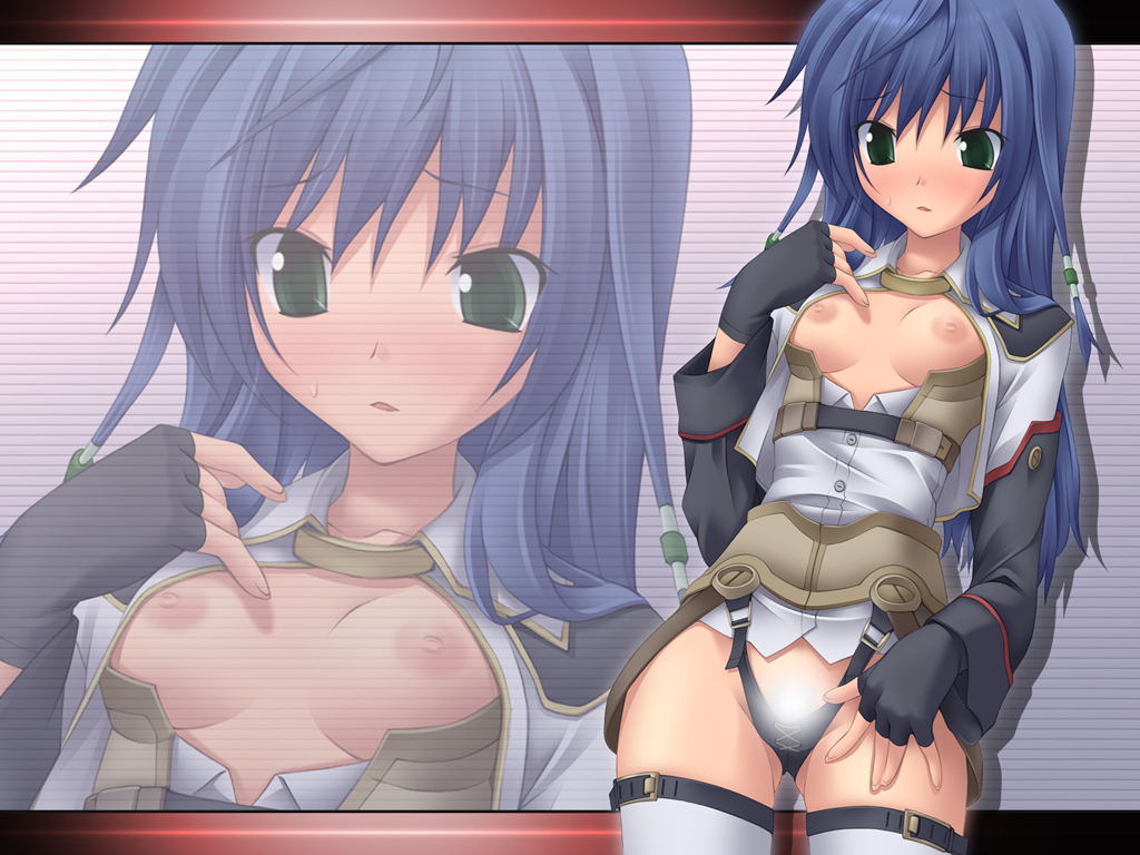 koku, maria traydor, star ocean, star ocean: till the end of time, 1girl, black panties, blue hair, blush, breasts, female focus, fingerless gloves, flat chest, gloves, green eyes, nipples, panties, small breasts, solo, thighhighs, underwear, white thighhighs