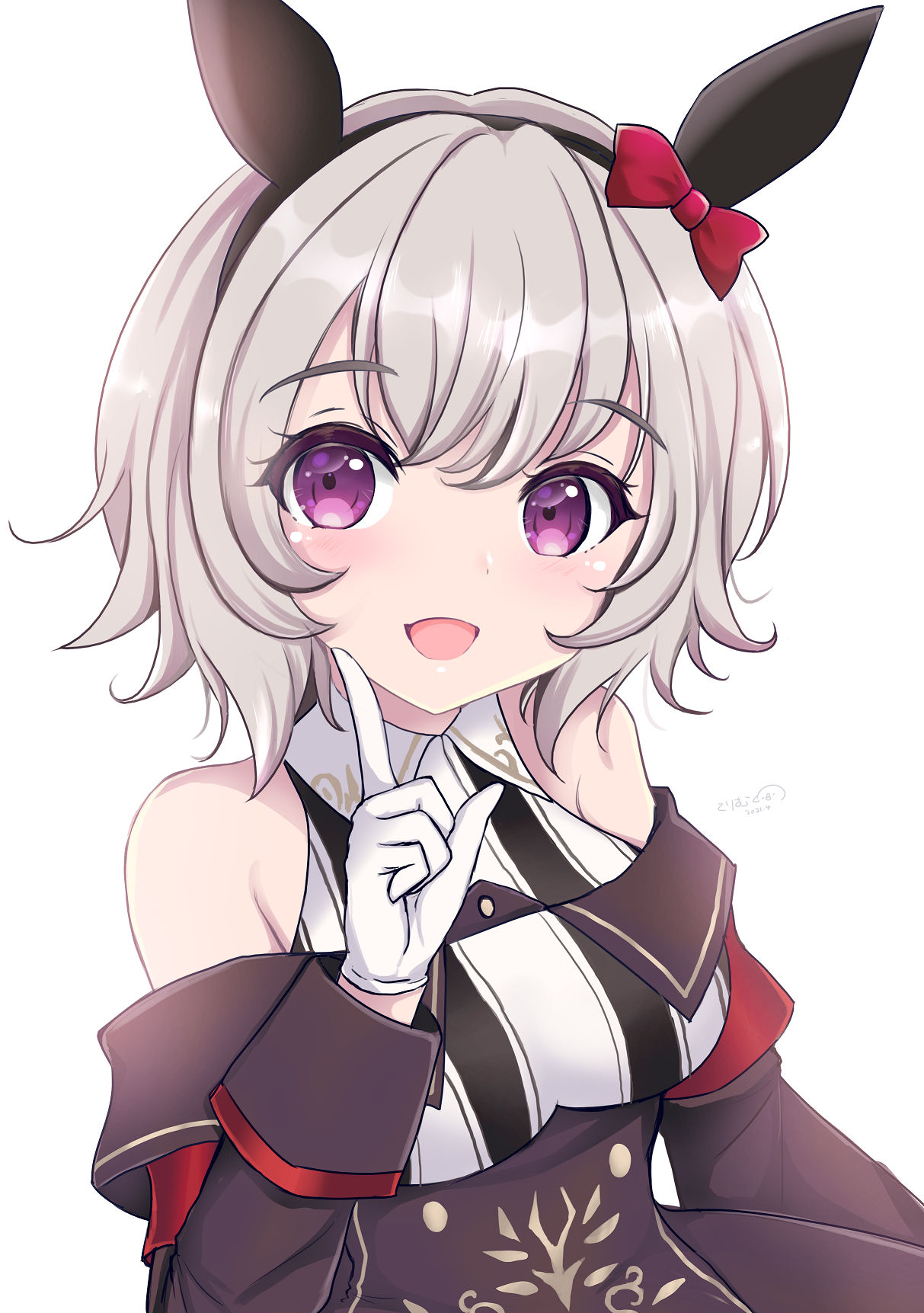 terimuku, curren chan (umamusume), umamusume, commentary, highres, 1girl, :d, animal ears, bare shoulders, black dress, black hairband, bow, breasts, brown hair, dress, ear bow, gloves, hair between eyes, hairband, hand up, horse ears, index finger raised, looking at viewer, medium breasts, off-shoulder dress, off shoulder, open mouth, purple eyes, red bow, signature, simple background, smile, solo, striped clothes, upper body, vertical-striped clothes, white background, white gloves