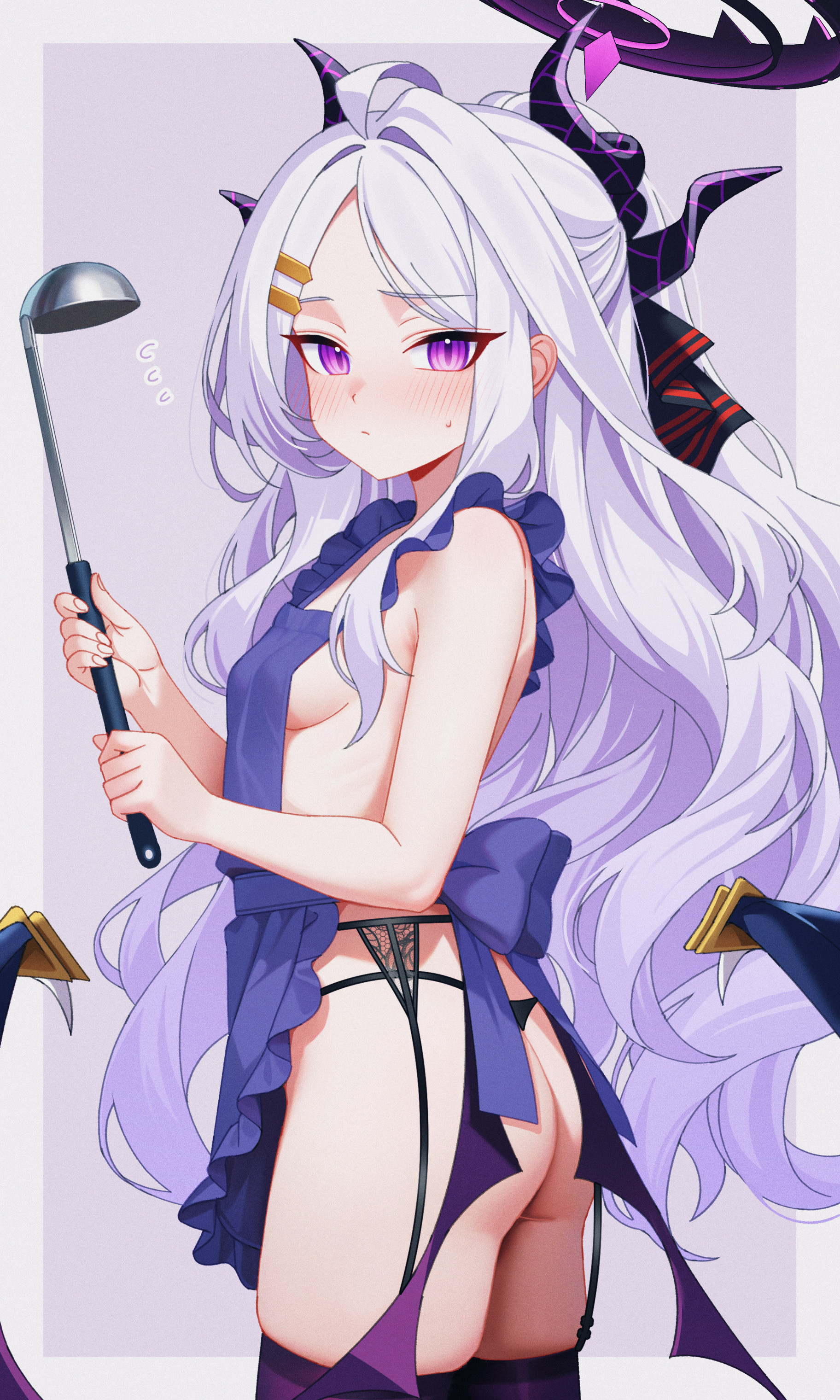 karaage (xxxmido02), hina (blue archive), blue archive, fluffy hair, absurdres, commentary request, highres, 1girl, ^^^, ahoge, alternate costume, apron, ass, black garter belt, black garter straps, black panties, black ribbon, blush, border, breasts, closed mouth, cowboy shot, film grain, flying sweatdrops, forehead, from side, garter belt, garter straps, hair intakes, hair ornament, hair ribbon, hairclip, half updo, halo, holding, holding ladle, horns, ladle, long hair, looking at viewer, nearly naked apron, outside border, panties, parallel hairclips, parted bangs, purple apron, purple background, purple eyes, purple hair, purple halo, purple thighhighs, ribbon, sideboob, simple background, small breasts, solo, standing, string panties, thighhighs, thighs, turning head, underwear, very long hair, white border