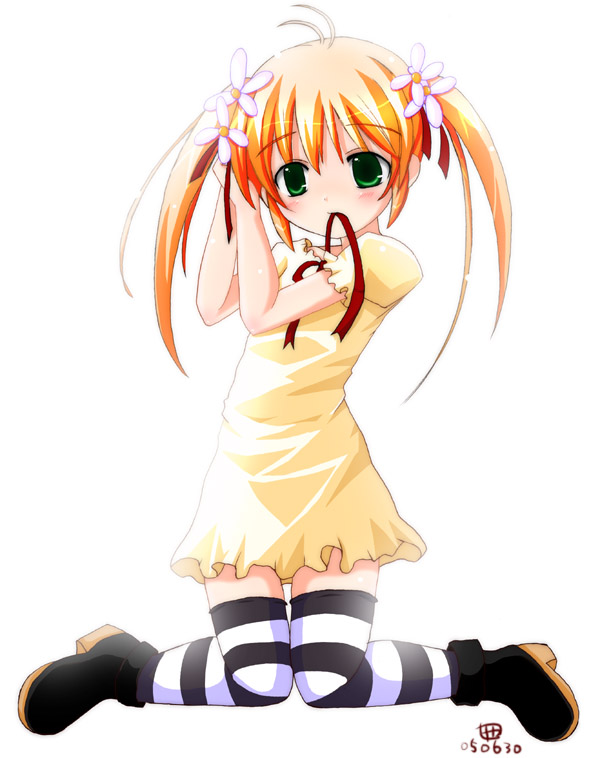 yamasaki tomoya, original, 1girl, antenna hair, blonde hair, blush, dress, female focus, flower, green eyes, hair flower, hair ornament, hairdressing, kneeling, long hair, mouth hold, orange hair, ribbon, simple background, solo, striped clothes, striped thighhighs, thighhighs, twintails, white background