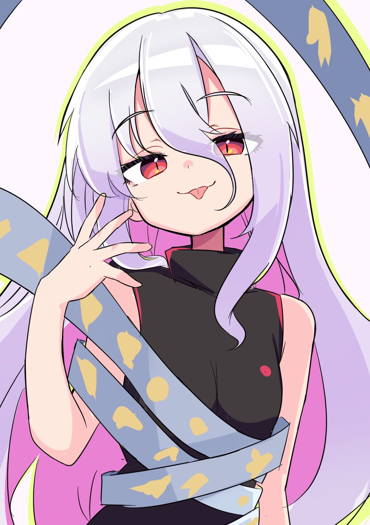 harakune (mugennero), yuiman asama, touhou, highres, 1girl, :p, aged down, black dress, breasts, colored inner hair, dress, half-closed eyes, long hair, multicolored hair, red eyes, ribbon around body, simple background, solo, tongue, tongue out, turtleneck, turtleneck dress, upper body, very long hair, white background, white hair