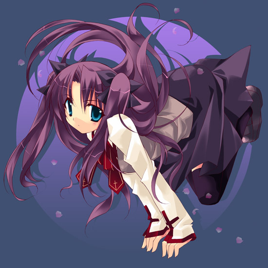 minazuki haruka, tohsaka rin, fate/stay night, fate (series), 00s, 1girl, black shoes, blouse, blue eyes, cross, cross print, female focus, grey shirt, homurabara academy school uniform, purple hair, purple thighhighs, school uniform, shirt, shoes, solo, thighhighs, twintails, two side up, white shirt