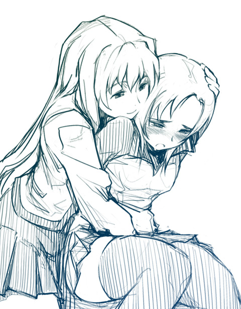 fujino shizuru, yuuki nao, my-hime, artist request, traditional media, 00s, 2girls, blush, fingering, long hair, monochrome, multiple girls, sketch, skirt, thighhighs, yuri