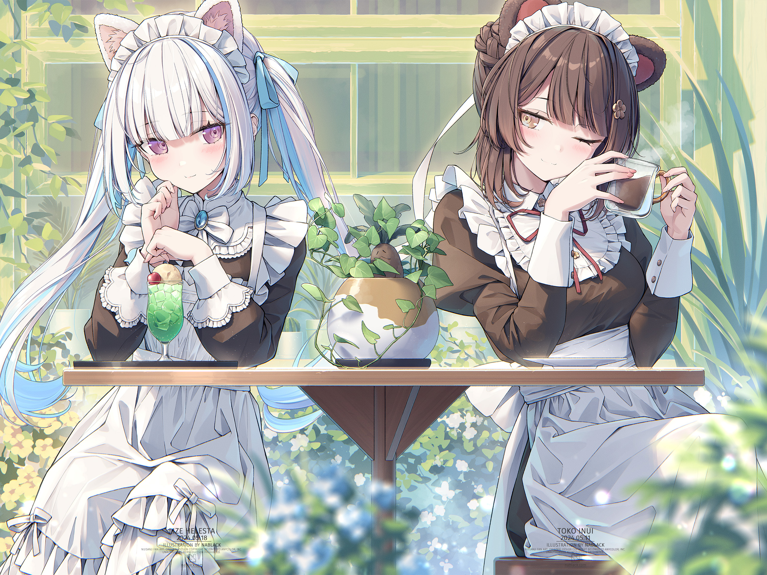 kuro-kun (nablack), inui toko, inui toko (western maid), lize helesta, lize helesta (9th costume), mandragora (ange katrina), nijisanji, highres, non-web source, stitched, third-party edit, :3, animal ears, apron, artist name, bib collar, black dress, blue brooch, blue hair, blue ribbon, blurry, blurry foreground, blush, bow, bowtie, braid, breasts, brown hair, cat ears, cat girl, character name, cherry, closed mouth, collared dress, copyright name, cup, dated, depth of field, dog ears, dog girl, dress, drinking glass, elbow rest, eyelashes, feet out of frame, fingernails, flower, food, frilled apron, frills, fruit, hair ornament, hair ribbon, hairclip, hand on own cheek, hand on own face, hands up, holding, holding cup, hot drink, hurricane glass, ice cream, ice cream float, juliet sleeves, kemonomimi mode, light blush, long hair, long sleeves, looking at another, looking to the side, maid, maid apron, maid headdress, medium breasts, melon soda, multicolored hair, neck ribbon, one eye closed, parted bangs, plant, plate, potted plant, puffy long sleeves, puffy sleeves, purple eyes, red ribbon, ribbon, side-by-side, sidelocks, sitting, sleeve cuffs, small breasts, smile, steaming cup, streaked hair, table, twintails, two-tone hair, underbust, very long hair, virtual youtuber, waist apron, watermark, web address, white apron, white bow, white bowtie, white hair, white headdress, wooden table, yellow eyes, yellow flower
