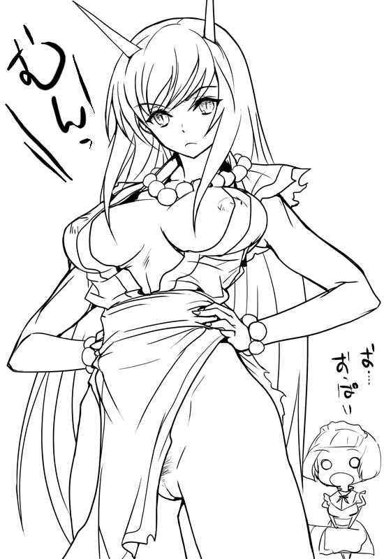 akaga hirotaka, himeno fumi, kazahana mashiro, my-hime, spoilers, translation request, 00s, 2girls, beads, belt, bracelet, breasts, breasts apart, chibi, covered erect nipples, female pubic hair, fingernails, frown, greyscale, hands on own hips, horns, japanese clothes, jewelry, large breasts, lineart, loincloth, long fingernails, long hair, maid, maid headdress, monochrome, multiple girls, nail (hardware), necklace, ninja, nipple slip, nipples, no bra, no panties, o o, one breast out, oni, open mouth, pubic hair, pussy, short hair, suishou no hime, surprised, uncensored, very long hair