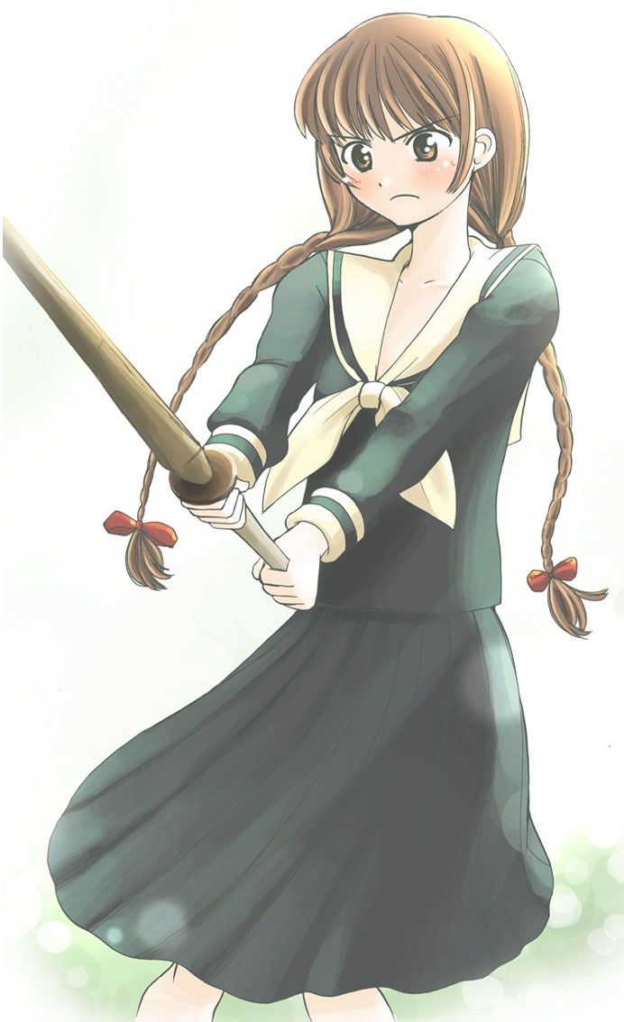 shimazu yoshino, maria-sama ga miteru, 00s, 1girl, blush, bow, braid, brown eyes, brown hair, female focus, hair bow, kendo, school uniform, serafuku, shinai, solo, sword, twin braids, weapon