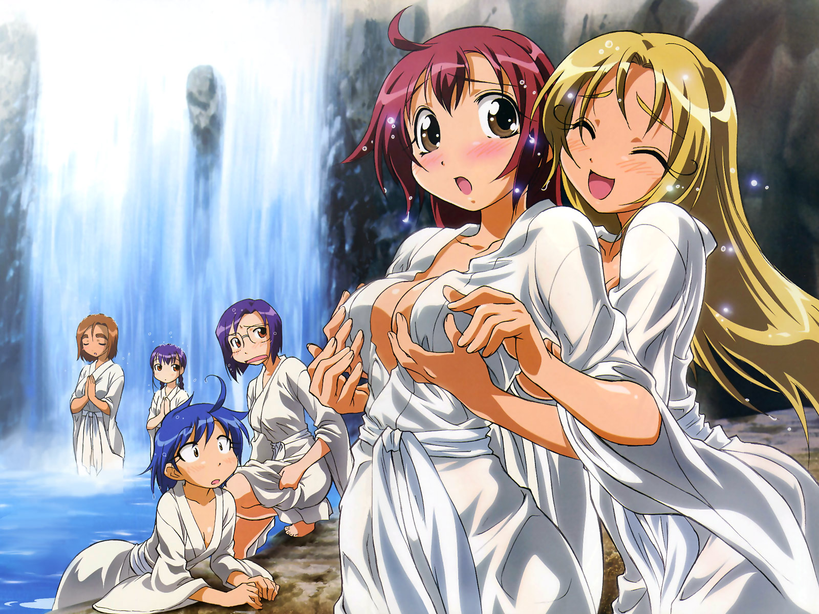 horii kumi, amanogawa haruka, atouda yuuko, ikuina sumi, nanbu chitose, sugai hinata, sugai sakura, amaenaideyo!!, megami magazine, highres, non-web source, 00s, 6+girls, ahoge, barefoot, blonde hair, blue hair, blush, braid, breasts, brown eyes, brown hair, cleavage, closed eyes, flat chest, glasses, grabbing another's breast, groping, large breasts, long hair, long sleeves, multiple girls, open mouth, praying, purple hair, red hair, robe, short hair, surprised, surprised arms, twin braids, wading, water, waterfall, wet