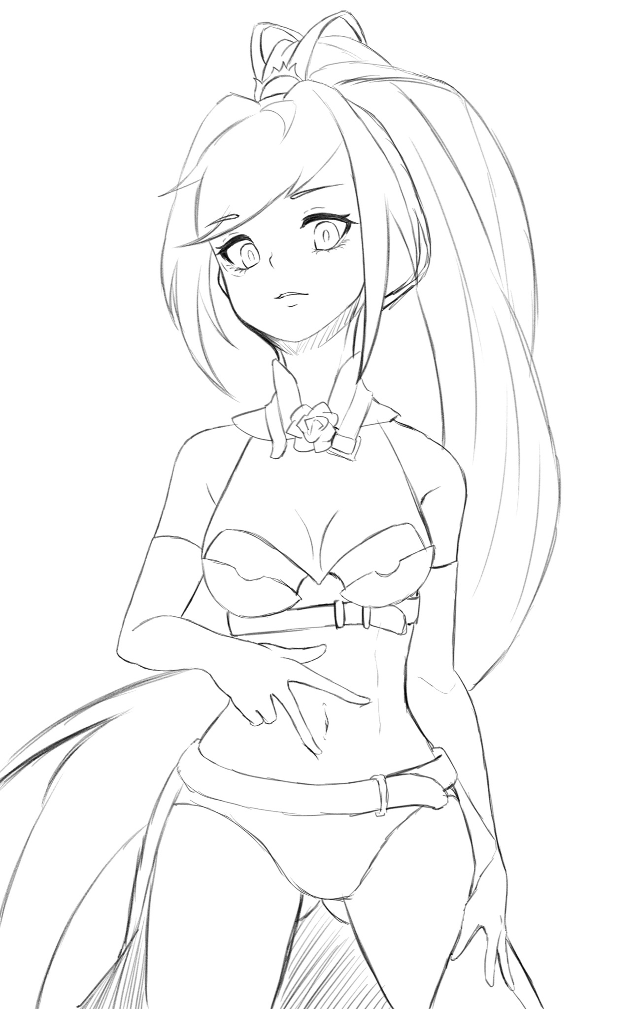 mizuki (fkps5723), thumbelina (grimms notes), grimms notes, bad id, bad twitter id, 1girl, lineart, long hair, looking at viewer, monochrome, parted lips, ponytail, solo