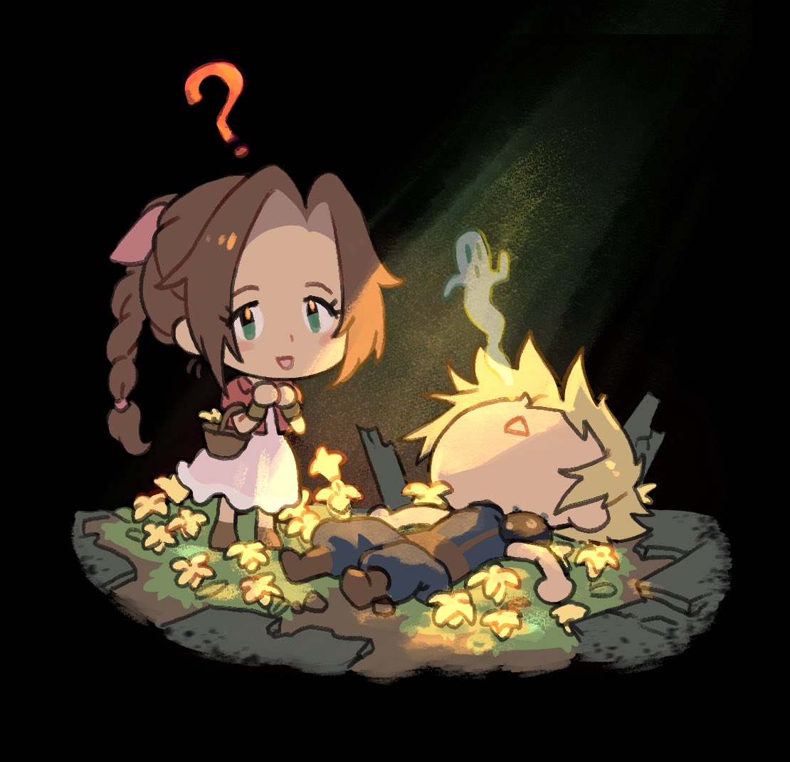 goku-chan, aerith gainsborough, cloud strife, final fantasy, final fantasy vii, final fantasy vii remake, 1boy, 1girl, ?, armor, baggy pants, basket, black background, blonde hair, boots, braid, braided ponytail, brown boots, chibi, chibi only, dress, flower, flower basket, flower bed, green eyes, hair ribbon, holding, holding basket, jacket, pants, parted bangs, parted lips, pauldrons, pink dress, pink ribbon, red jacket, ribbon, short hair, shoulder armor, single braid, single pauldron, sleeveless, sleeveless turtleneck, smile, spiked hair, suspenders, turtleneck, unconscious, yellow flower