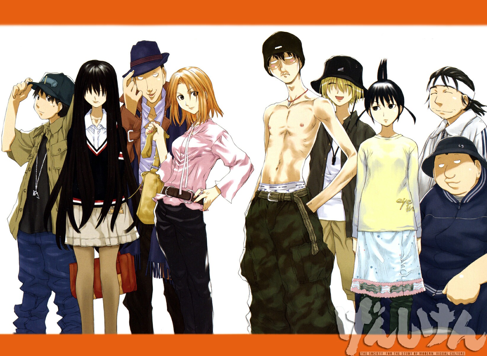 kio shimoku, kasukabe saki, kousaka makoto, kuchiki manabu, kugayama mitsunori, madarame harunobu, ogiue chika, oono kanako, sasahara kanji, tanaka souichirou, genshiken, blue headwear, highres, scan, 3girls, 6+boys, bag, bandana, belt, breast pocket, bucket hat, everyone, fashion, fat, fat man, glasses, hand on own hip, hat, long scarf, multiple boys, multiple girls, otaku, pantyhose, parody, pocket, round eyewear, scarf, school uniform, sweatband, topknot, topless male, underwear
