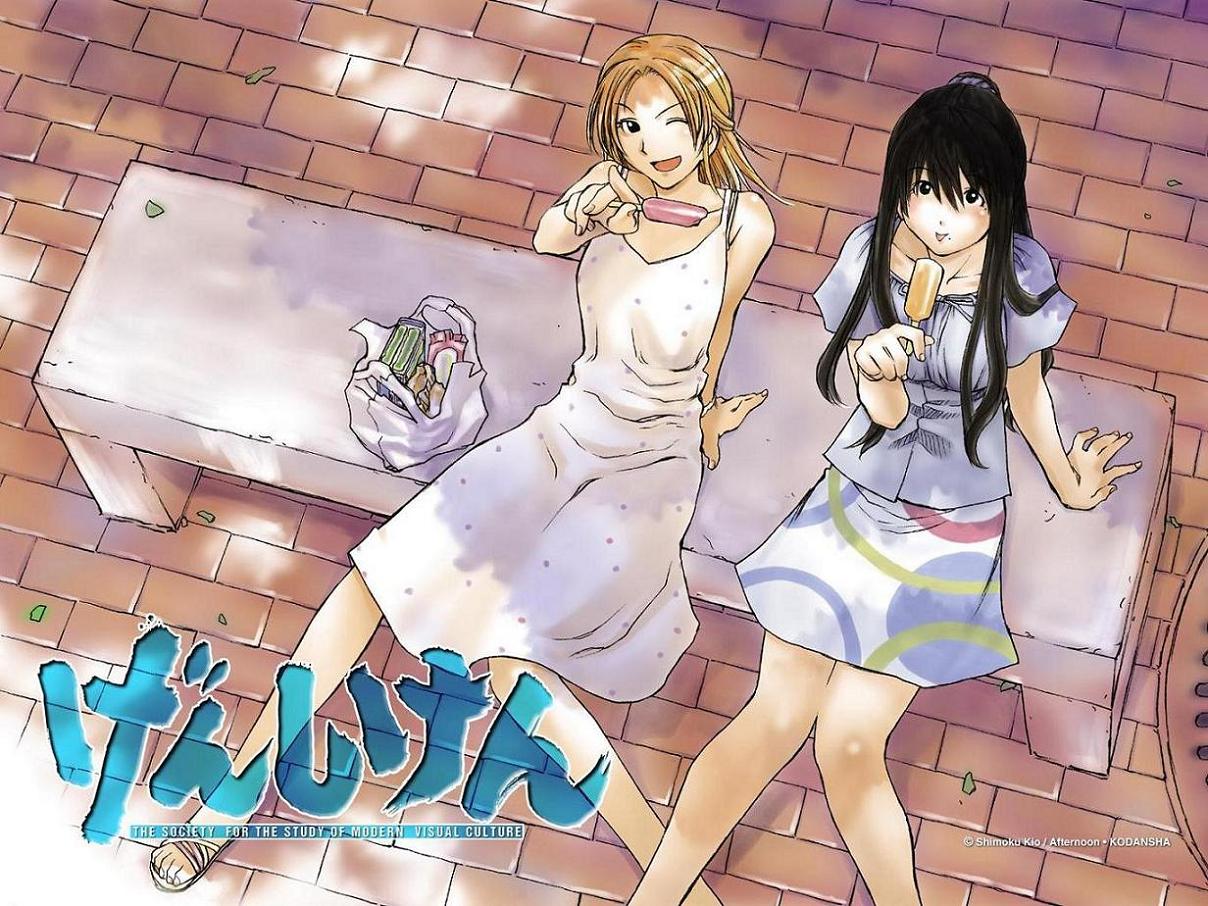 kio shimoku, kasukabe saki, oono kanako, afternoon (magazine), genshiken, jpeg artifacts, 00s, 2girls, :p, dress, feet, food, mole, mole under eye, multiple girls, one eye closed, popsicle, skirt, sundress, tongue, tongue out, wink