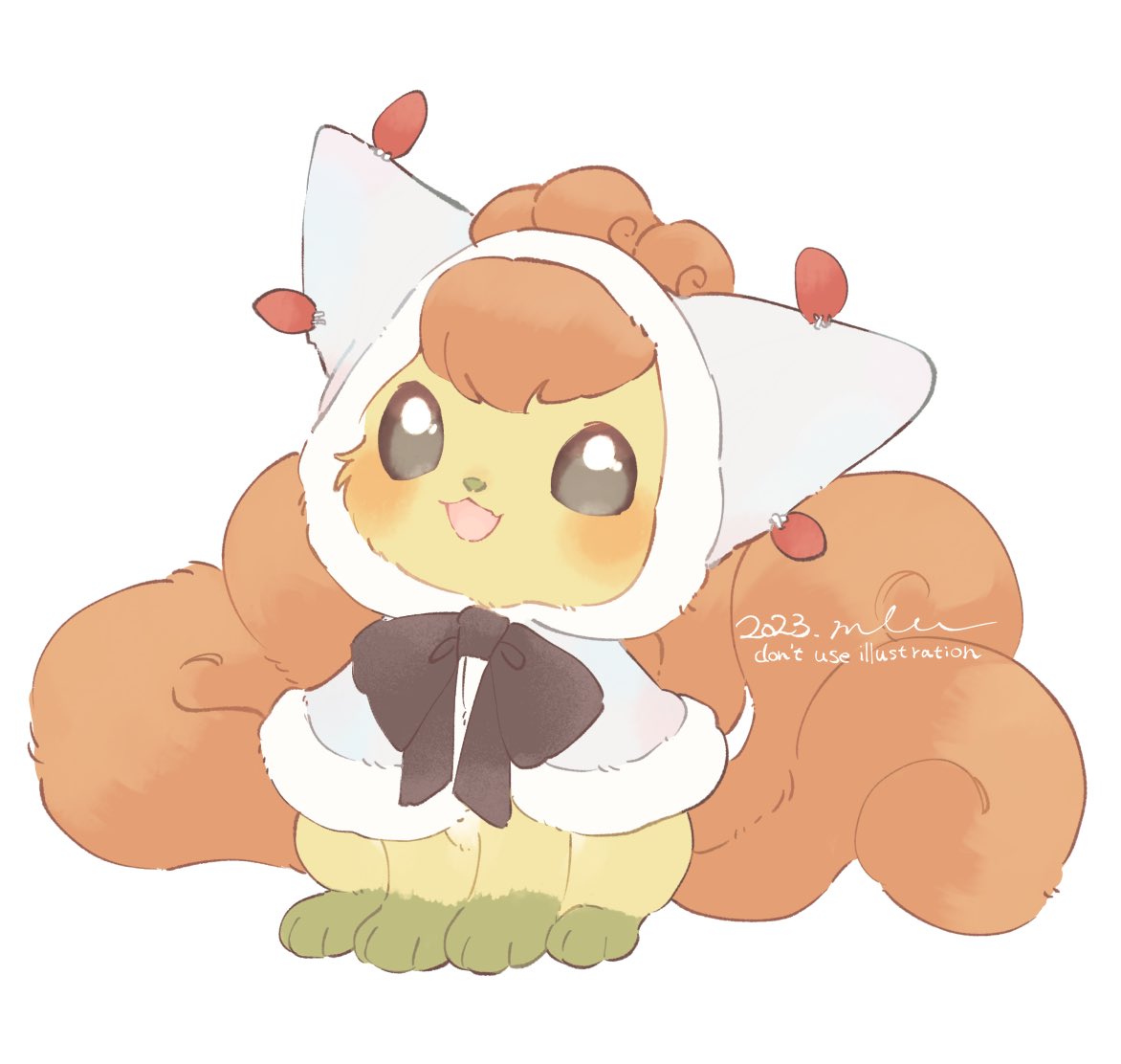 mkt (buizu-miki), vulpix, nintendo, pokemon, commentary request, alternate color, blush, bow, cloak, clothed pokemon, dated, fox, gen 1 pokemon, hood, hooded cloak, hoodie, no humans, open mouth, pokemon (creature), pokemon focus, shiny pokemon, simple background, sitting, smile, solo, white background