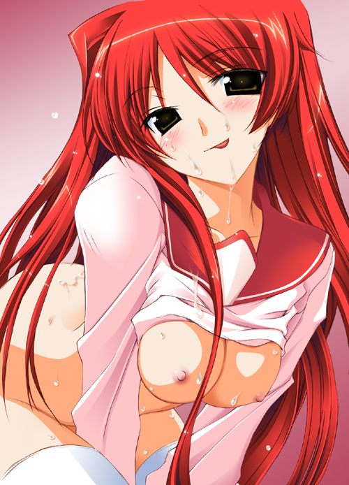 haoto luna, kousaka tamaki, to heart (series), to heart 2, 00s, 1girl, :p, blush, bottomless, breasts, brown eyes, clothes lift, cum, female focus, large breasts, long hair, naughty face, nipples, no bra, red hair, school uniform, serafuku, shirt lift, solo, thighhighs, tongue, tongue out, white thighhighs