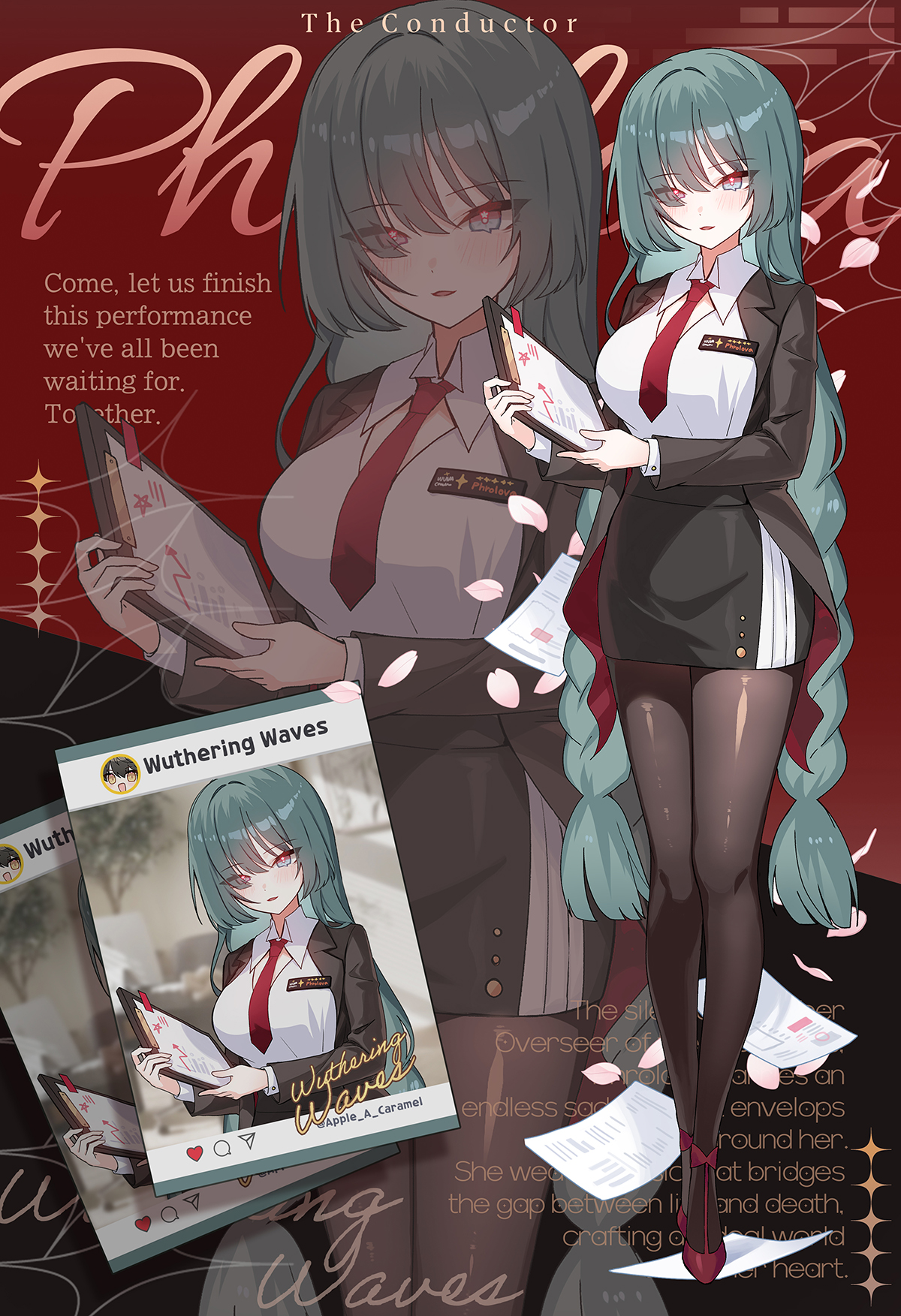 apple caramel, phrolova (wuthering waves), rover (wuthering waves), wuthering waves, commentary, english commentary, highres, 1girl, artist self-reference, black jacket, black pantyhose, black skirt, blush, braid, breasts, collared shirt, english text, grey eyes, high heels, jacket, long hair, looking at viewer, low twin braids, medium breasts, multicolored eyes, necktie, office lady, pantyhose, parted lips, red eyes, red necktie, red shoes, shirt, shirt tucked in, shoes, skirt, smile, solo, suit jacket, twin braids, two-tone eyes, very long hair, white shirt, zoom layer