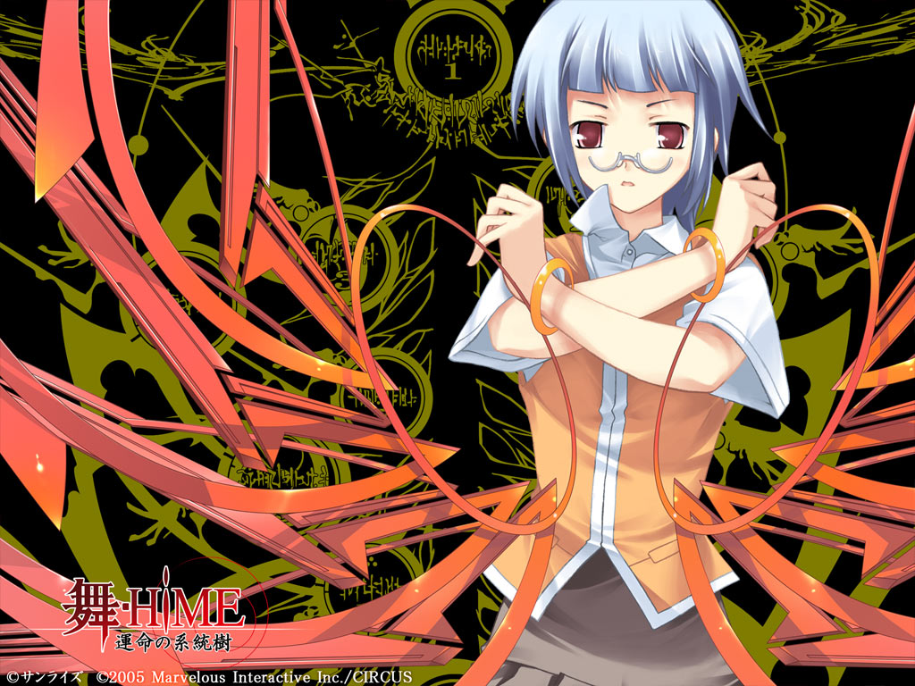 yaegashi nan, miyu greer, circus (studio), mai hime: the another, my-hime, unmei no keitouju, 00s, 1girl, 2005, bracelet, copyright name, crossed arms, female focus, game console, glasses, grey skirt, jewelry, logo, pince-nez, playstation 2, red eyes, school uniform, semi-rimless eyewear, short hair, short sleeves, skirt, solo, under-rim eyewear, watermark