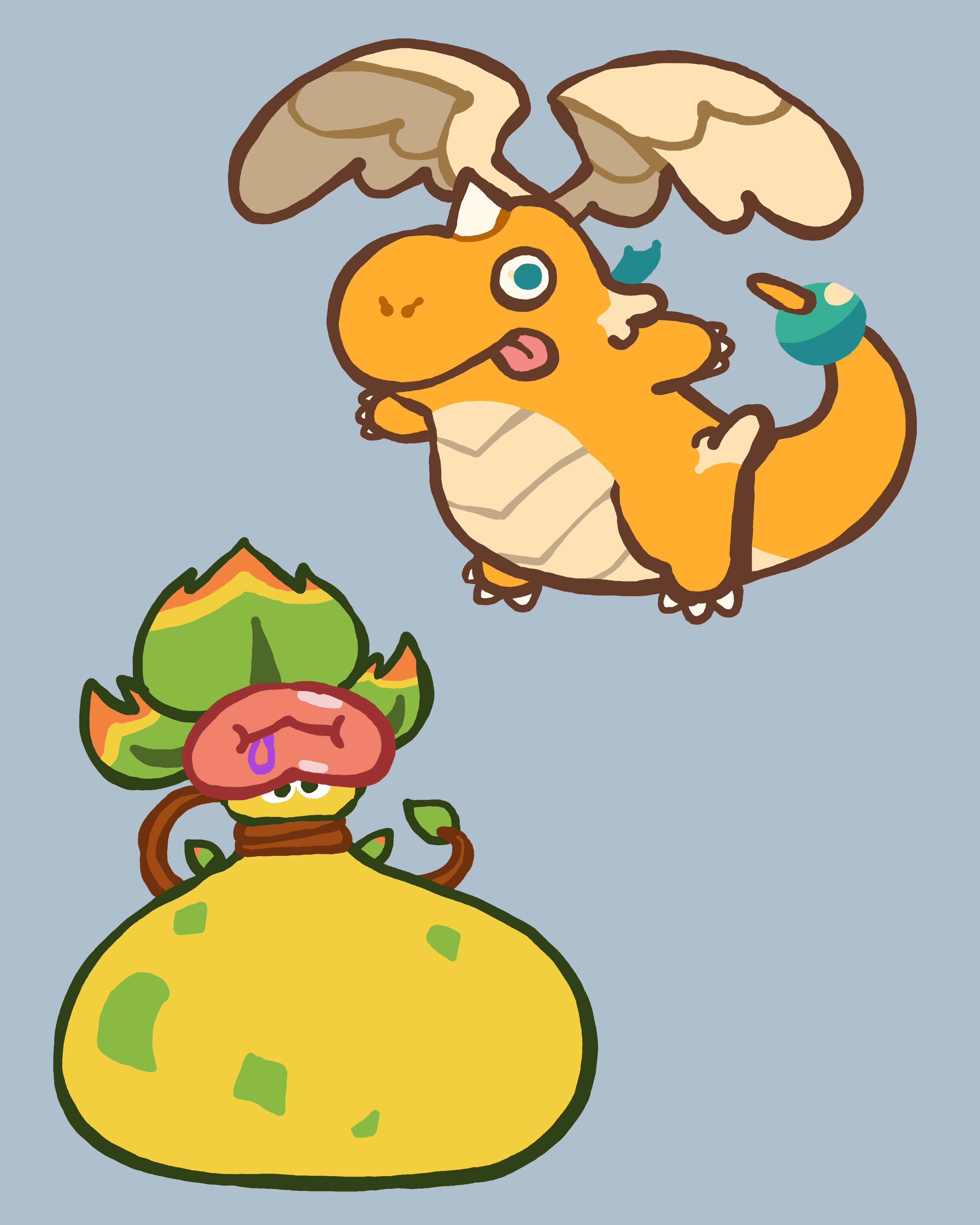 steve ly, dragonite, mega dragonite, mega victreebel, victreebel, nintendo, pokemon, absurdres, highres, black eyes, claws, closed mouth, colored skin, dragon, feathered wings, flying, full body, gen 1 pokemon, green eyes, happy, head wings, horns, leaf, mega pokemon, no humans, pink lips, plant, poison, pokemon (creature), pokemon focus, simple background, single horn, tail, tongue, tongue out, vines, wings