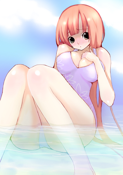 saibashi, original, 1girl, bare shoulders, barefoot, blush, breast suppress, breasts, casual one-piece swimsuit, cleavage, female focus, green eyes, large breasts, long hair, looking at viewer, one-piece swimsuit, orange hair, partially submerged, sitting, solo, swimsuit, very long hair, wading, water