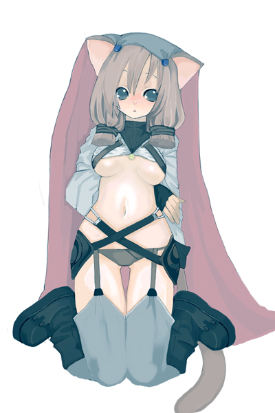 saibashi, original, 1girl, animal ears, black panties, black thighhighs, boots, breasts, brown hair, cat ears, cat girl, cat tail, female focus, garter belt, green eyes, headdress, kneeling, large breasts, long sleeves, lowleg, lowleg panties, panties, simple background, solo, tail, thighhighs, twintails, underboob, underwear, white background