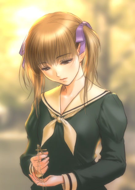 sano toshihide, fukuzawa yumi, maria-sama ga miteru, 00s, 1girl, brown hair, cross, female focus, hair ribbon, jewelry, latin cross, looking down, necklace, ribbon, school uniform, serafuku, solo, twintails, upper body
