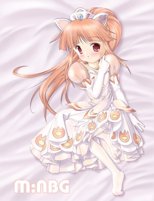 nbg777, leonne, fushigiboshi no futago hime, 00s, 1girl, animal ears, bed, blush, cat ears, crown, dress, female focus, gloves, jewelry, lying, necklace, orange hair, pantyhose, princess, red eyes, solo, white gloves, white pantyhose