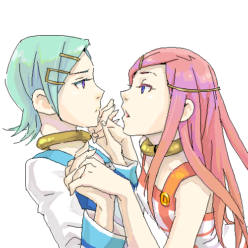 koaki, anemone (eureka seven), eureka (eureka seven), eureka seven, eureka seven (series), lowres, 00s, 2girls, aqua hair, blue eyes, breast press, breasts, collar, dress, hair ornament, hairclip, holding hands, interlocked fingers, long hair, long sleeves, multiple girls, oekaki, pink hair, purple eyes, small breasts, symmetrical docking, yuri
