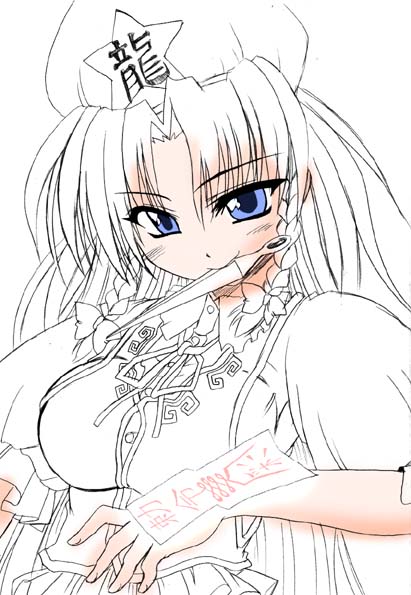 hisame genta, hong meiling, embodiment of scarlet devil, touhou, 1girl, blue eyes, blush, bow, braid, china dress, chinese clothes, collared shirt, dress, female focus, hair bow, hat, kunai, long hair, mouth hold, ofuda, partially colored, shirt, short sleeves, solo, star (symbol), tangzhuang, twin braids, weapon