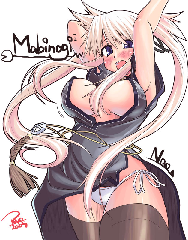 ryo (liver sashi daisuki!), nao (mabinogi), mabinogi, 1girl, black thighhighs, blonde hair, blush, breasts, china dress, chinese clothes, dress, female focus, large breasts, long hair, panties, pantyshot, purple eyes, side-tie panties, solo, standing, thighhighs, underwear, upskirt, white panties