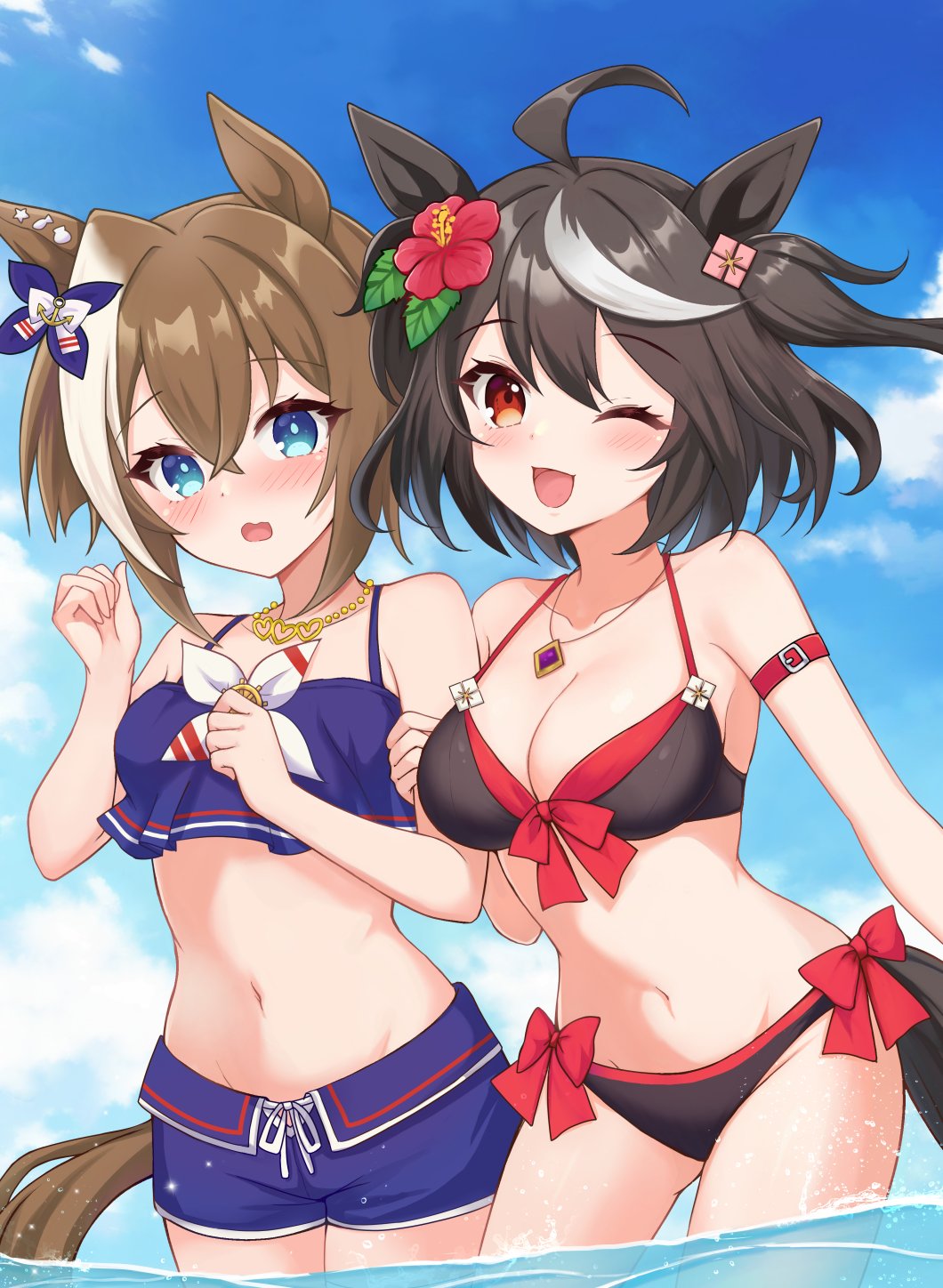terimuku, cheval grand (summer calm navy drop) (umamusume), cheval grand (umamusume), kitasan black (umamusume), umamusume, commentary request, highres, 2girls, ;d, ahoge, animal ears, bare arms, bare shoulders, bikini, black bikini, black hair, blue bikini, blue eyes, blue shorts, blue sky, breasts, brown hair, cleavage, cloud, collarbone, day, flower, groin, hair between eyes, hair flower, hair ornament, horse ears, horse girl, horse tail, large breasts, multicolored hair, multiple girls, one eye closed, open mouth, outdoors, red eyes, red flower, short hair, shorts, sky, small breasts, smile, streaked hair, swimsuit, tail, two side up, wading, water, white hair