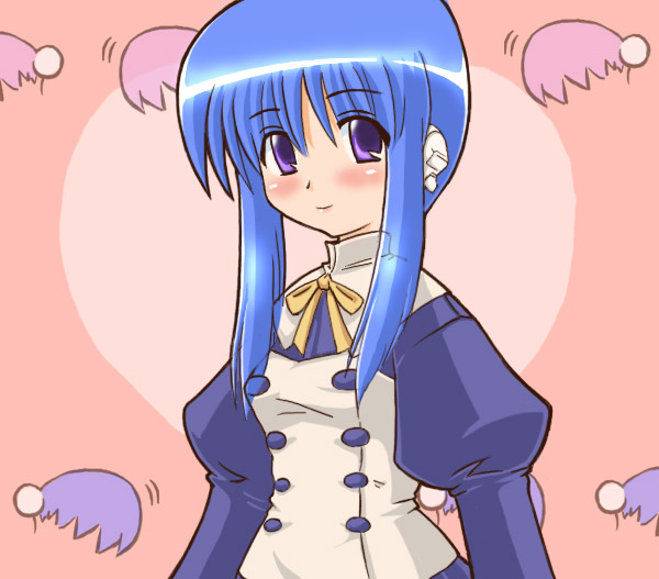 muhyowo, ilfa (to heart), to heart (series), to heart 2, 00s, 1girl, blue hair, female focus, pink background, purple eyes, robot ears, short hair with long locks, smile, solo