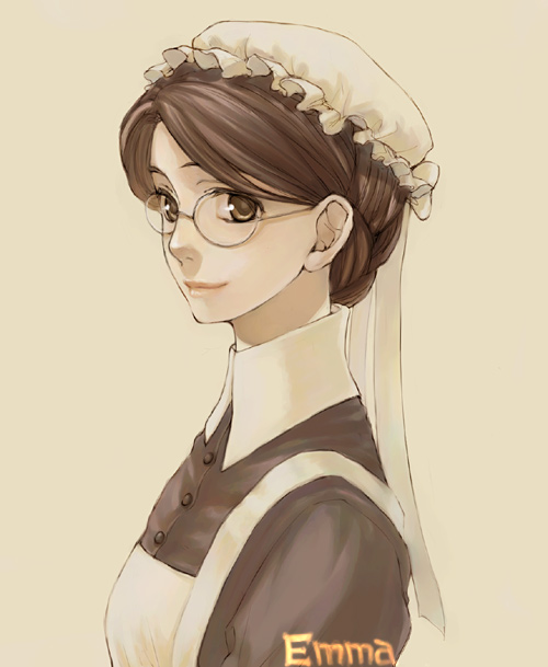 yuuryuu nagare, emma, emma (victorian romance emma), victorian romance emma, 00s, 1girl, brown eyes, brown hair, female focus, glasses, hair bun, hat, light smile, looking at viewer, maid, maid headdress, mob cap, simple background, single hair bun, solo, upper body, victorian, victorian maid